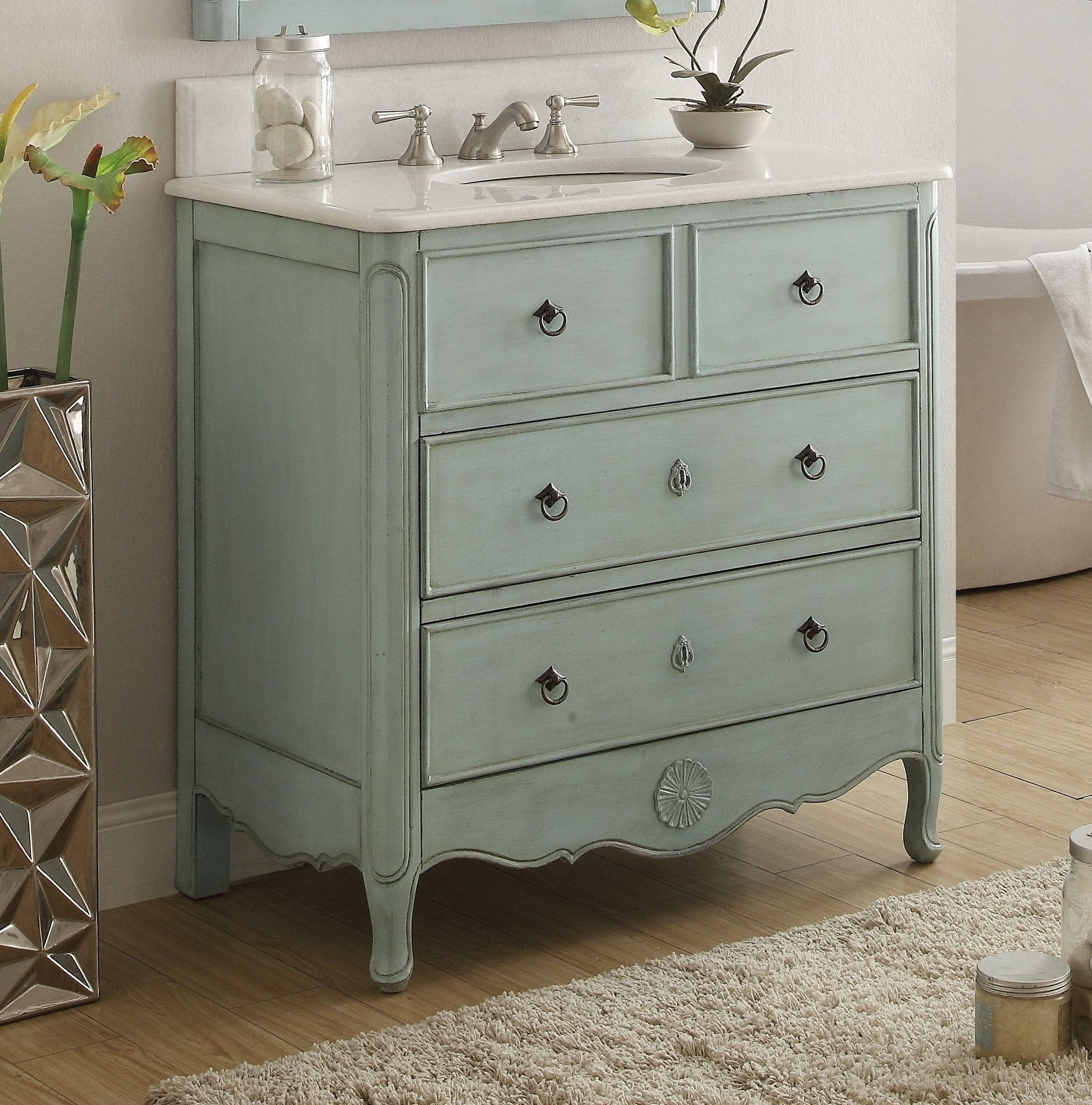 Chans Furniture HF-081LB 34 Inch Distressed Light Blue Daleville Cottage Style Bathroom Sink Vanity
