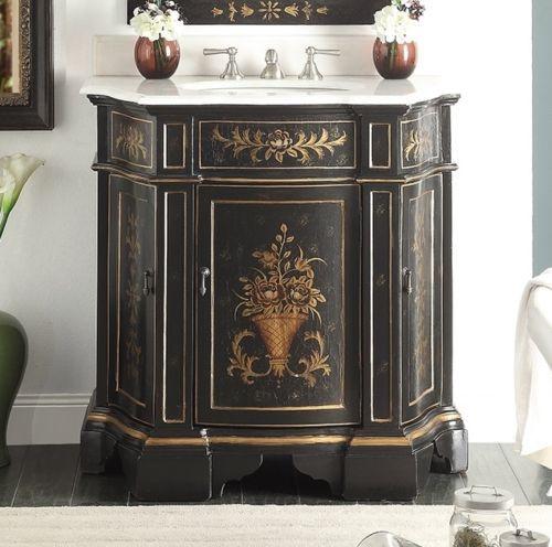 Chans Furniture HF090BK 35 Inch Hand-Painted Floral Design Black Crossfield Bathroom Vanity