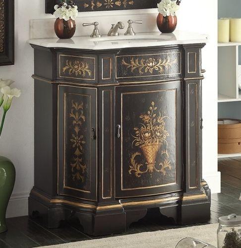 Chans Furniture HF090BK 35 Inch Hand-Painted Floral Design Black Crossfield Bathroom Vanity