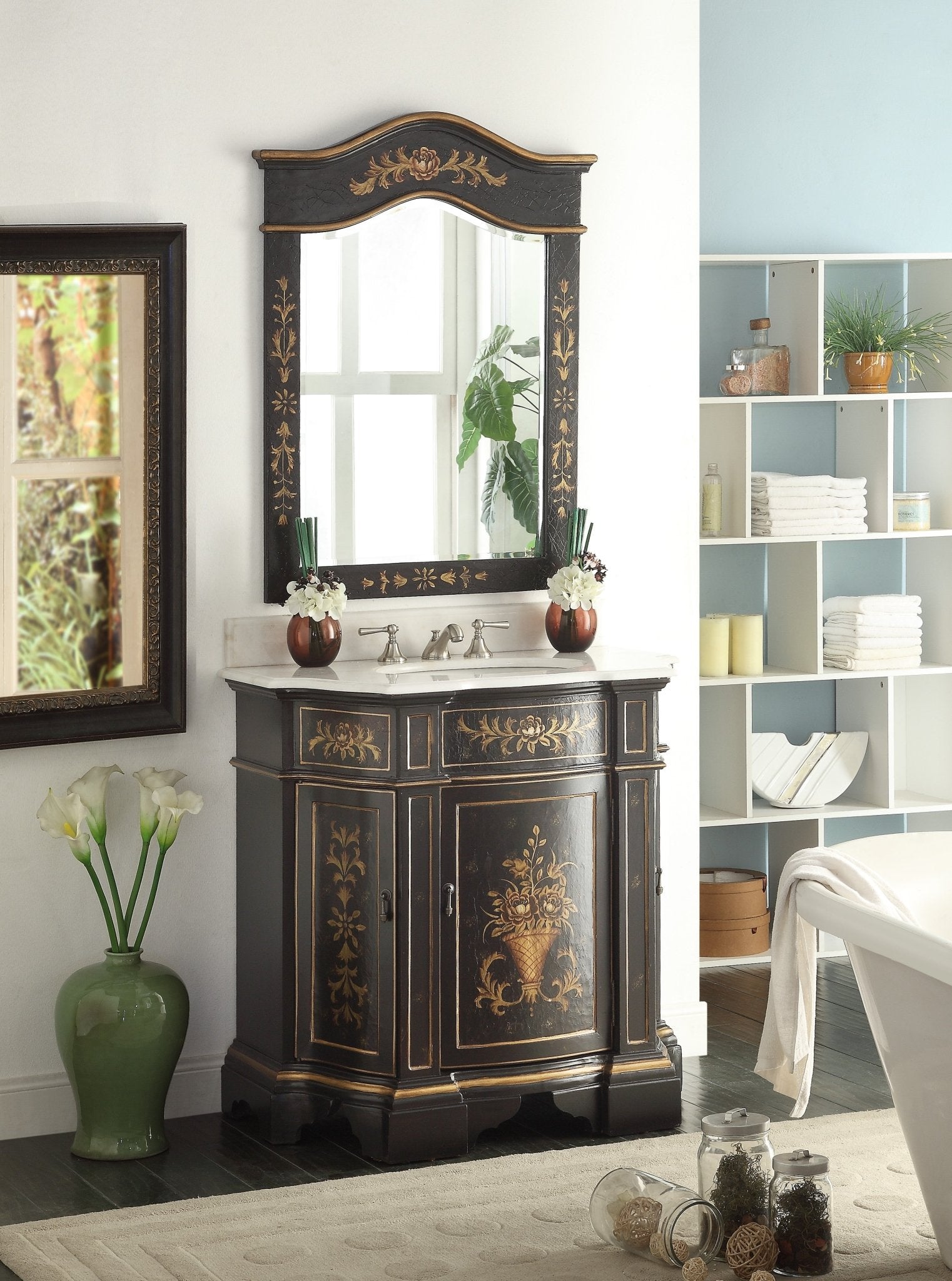 Chans Furniture HF090BK 35 Inch Hand-Painted Floral Design Black Crossfield Bathroom Vanity