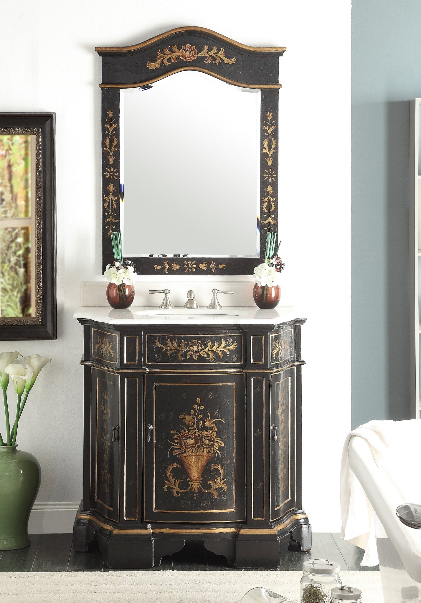 Chans Furniture HF090BK 35 Inch Hand-Painted Floral Design Black Crossfield Bathroom Vanity