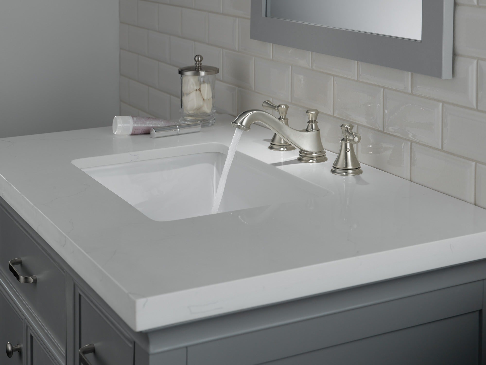 Delta Cassidy® Two Handle Widespread Bathroom Faucet - Low Arc Spout - Less Handles