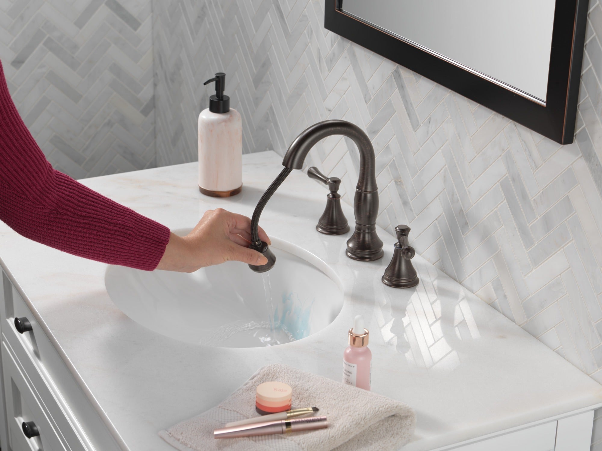 Delta Cassidy® Two Handle Widespread Pull Down Bathroom Faucet