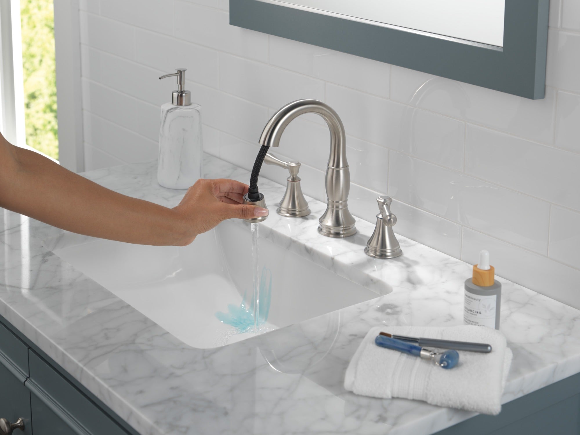 Delta Cassidy® Two Handle Widespread Pull Down Bathroom Faucet