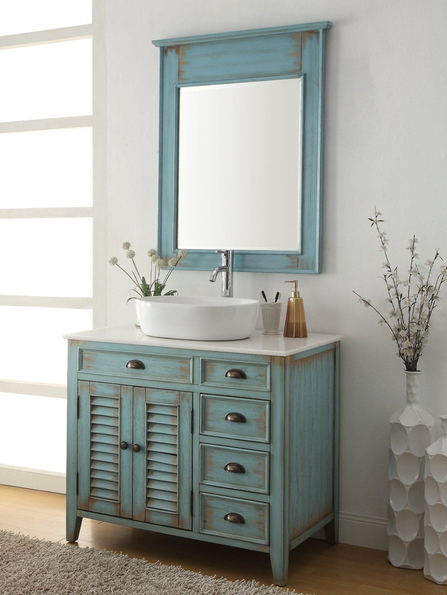Chans Furniture CF-78886BU-BF 36 Inch Abbeville Farmhouse Style Distressed Blue Vessel Sink Bathroom Vanity