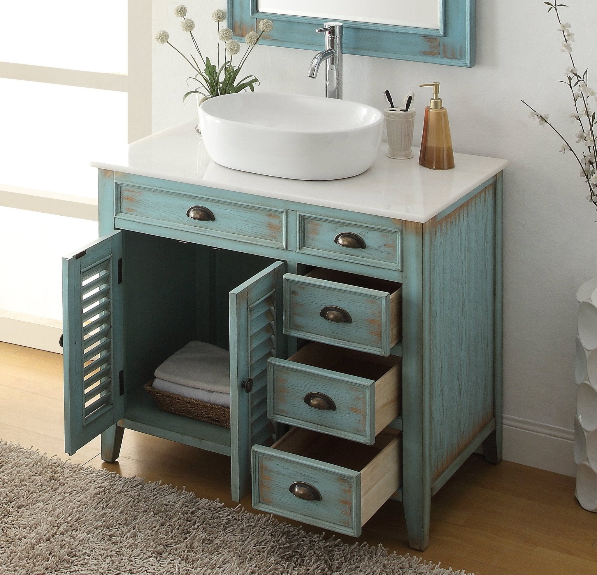 Chans Furniture CF-78886BU-BF 36 Inch Abbeville Farmhouse Style Distressed Blue Vessel Sink Bathroom Vanity