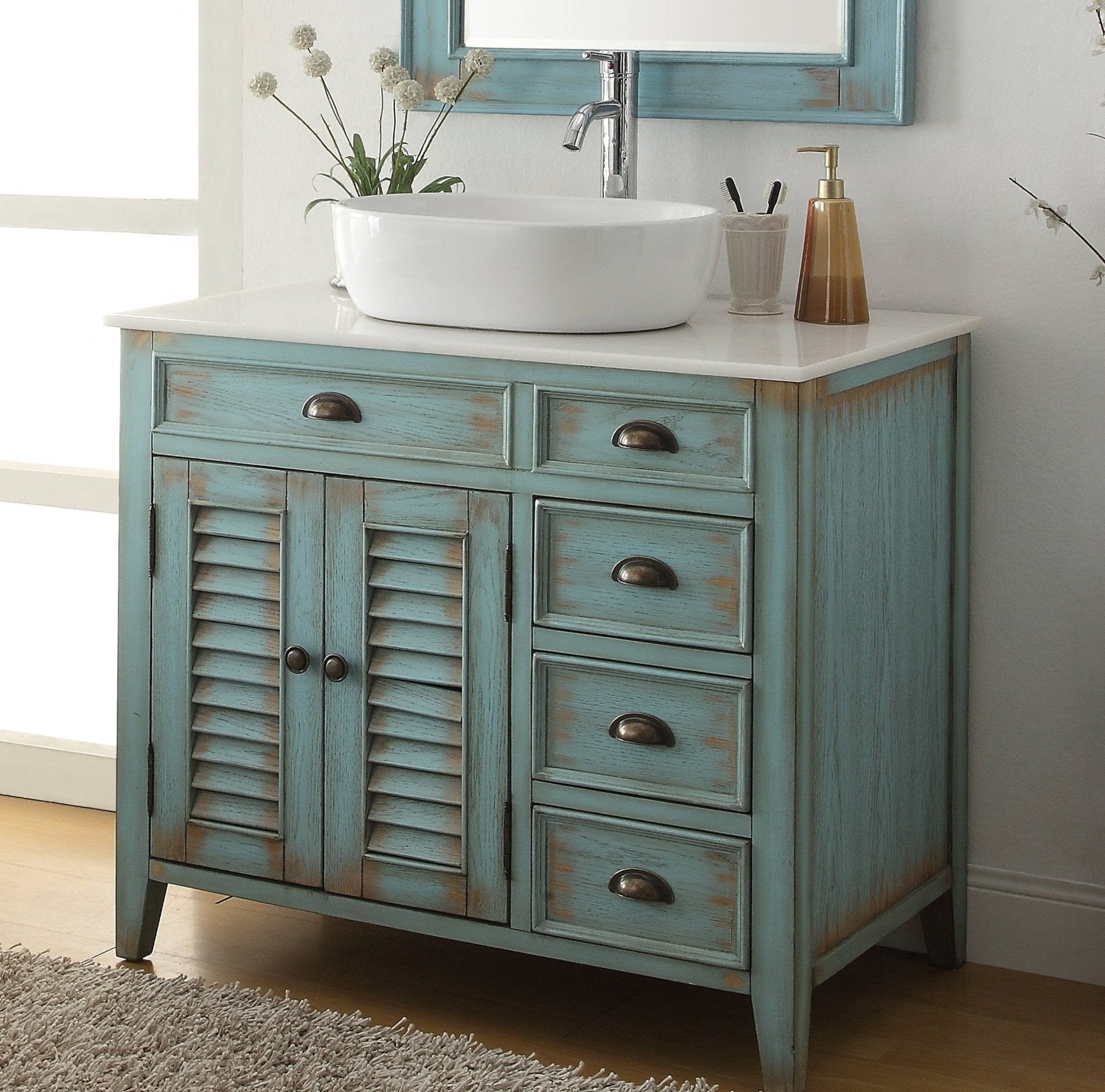 Chans Furniture CF-78886BU-BF 36 Inch Abbeville Farmhouse Style Distressed Blue Vessel Sink Bathroom Vanity