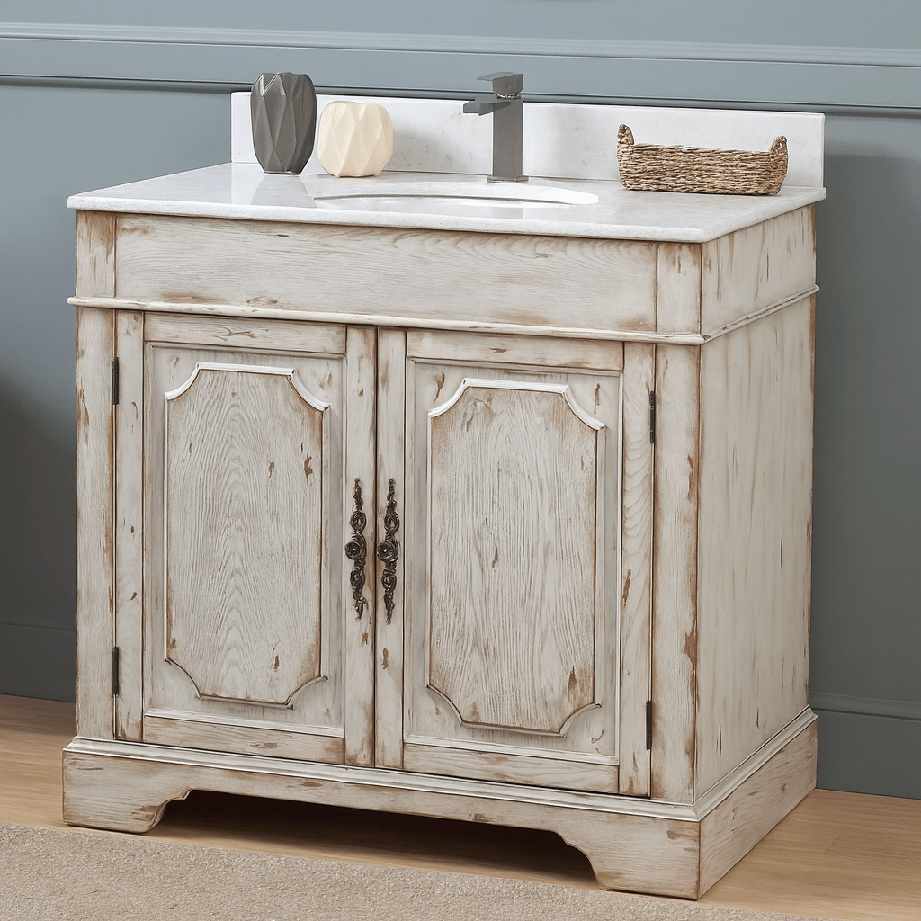 Chans Furniture RX-2215-WT 36" Benton Collection Litchfield Distressed Off White Rustic Style Bathroom Vanity