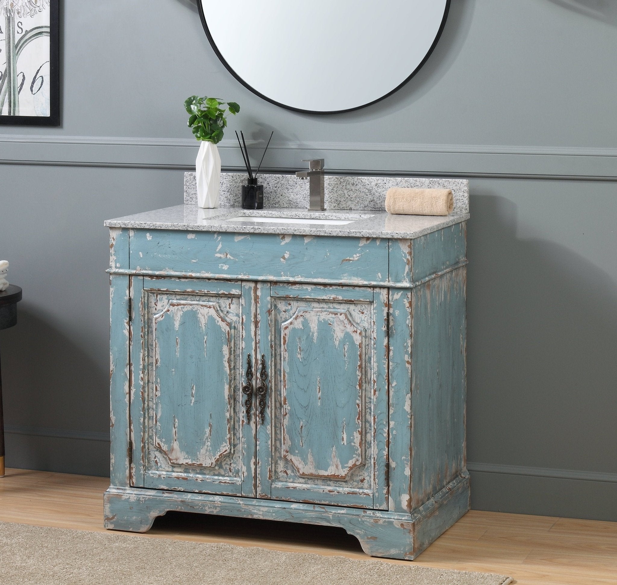Chans Furniture RX-2211GS 36" Benton Collection Litchfield Distressed Rustic Light Blue Beach Style Bathroom Vanity