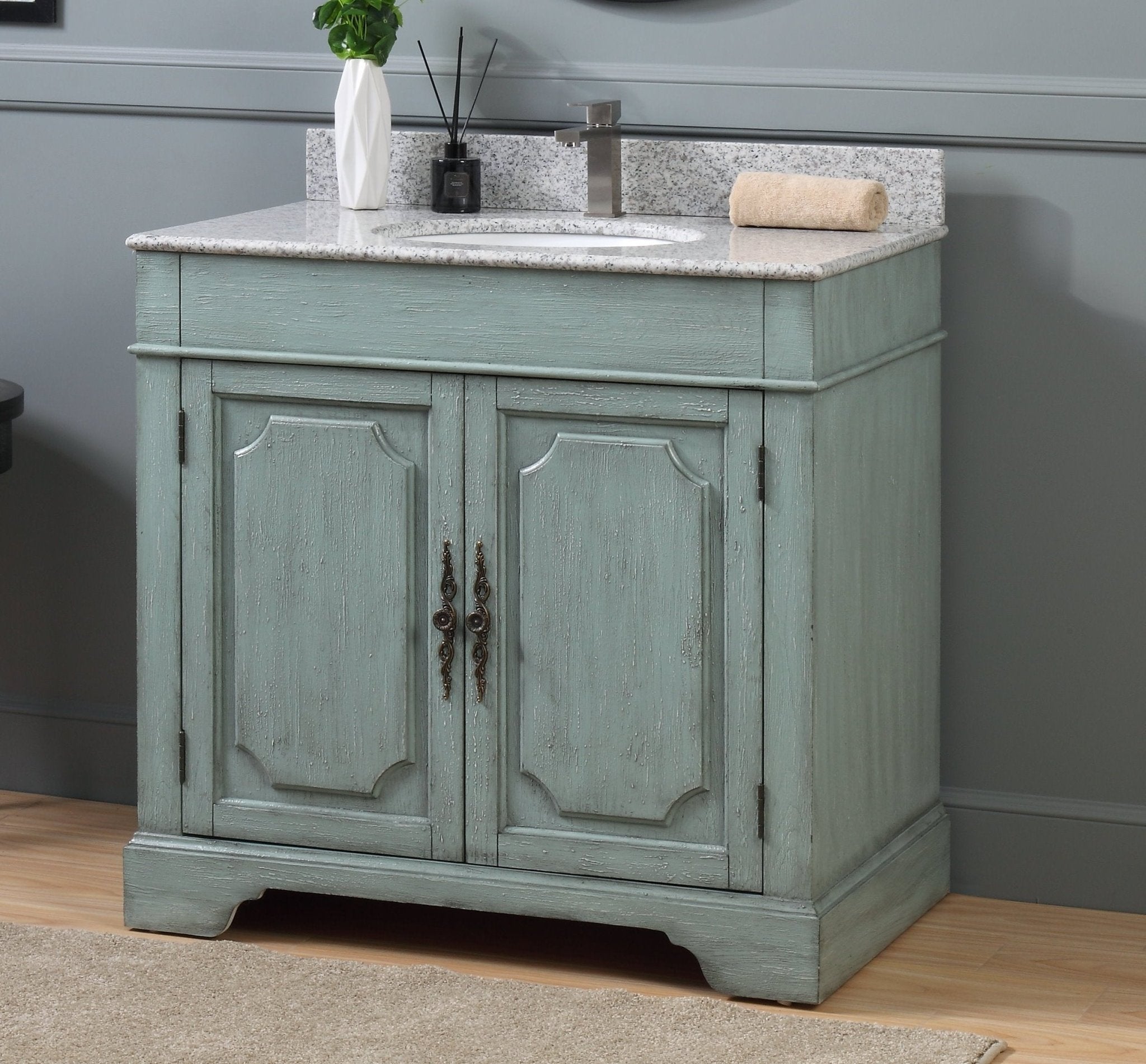 Chans Furniture RX-2218-WT 36" Benton Collection Litchfield Distressed Sage Green Bathroom Vanity