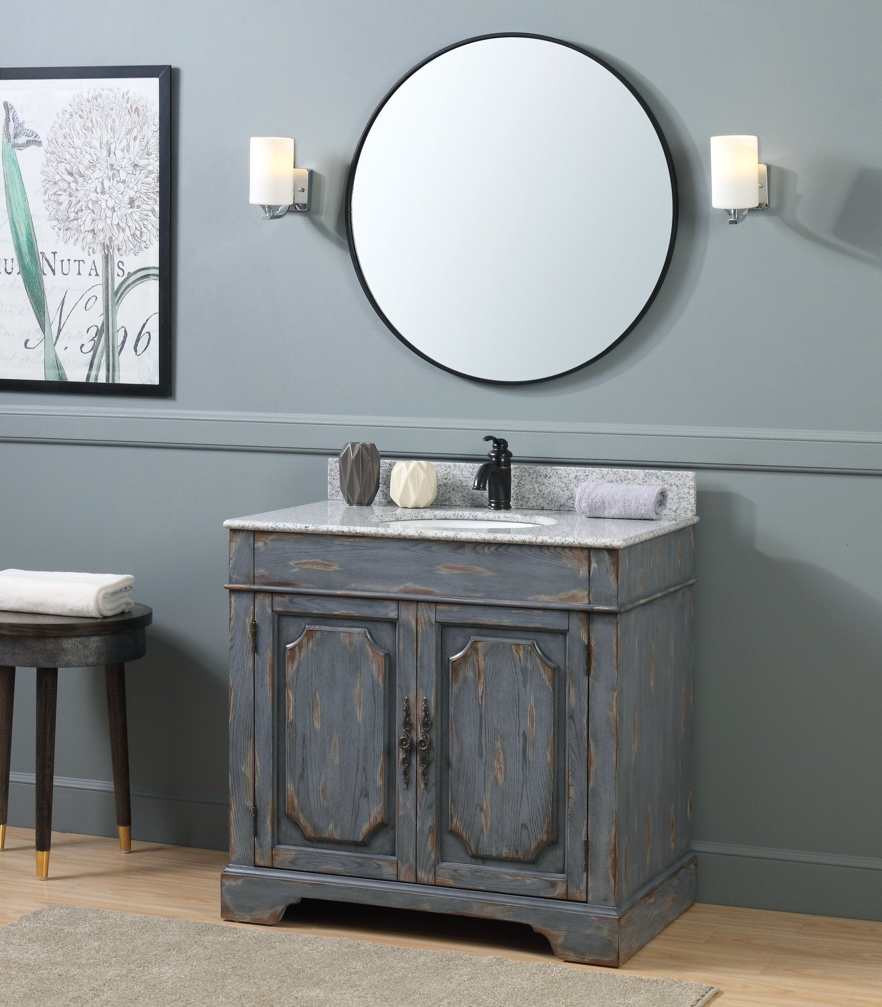 Chans Furniture RX-2217-WT 36" Benton Collection Litchfield Rustic Distressed Boho Gray Bathroom Vanity