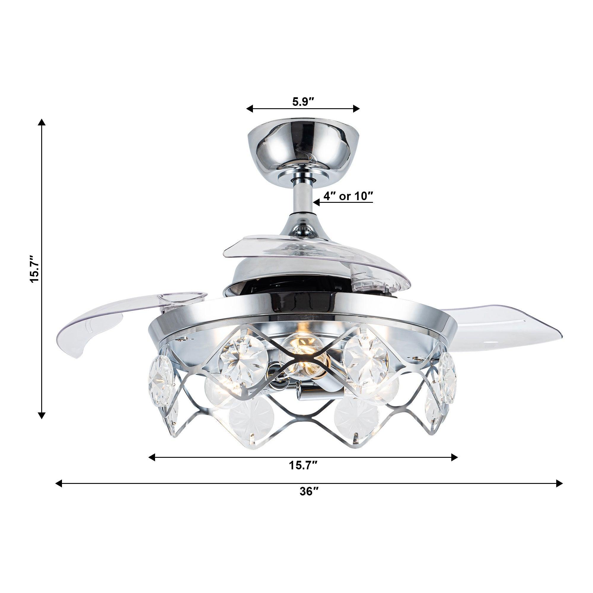 36" Broxburne Modern Chrome Downrod Mount Crystal Ceiling Fan with Lighting and Remote Control