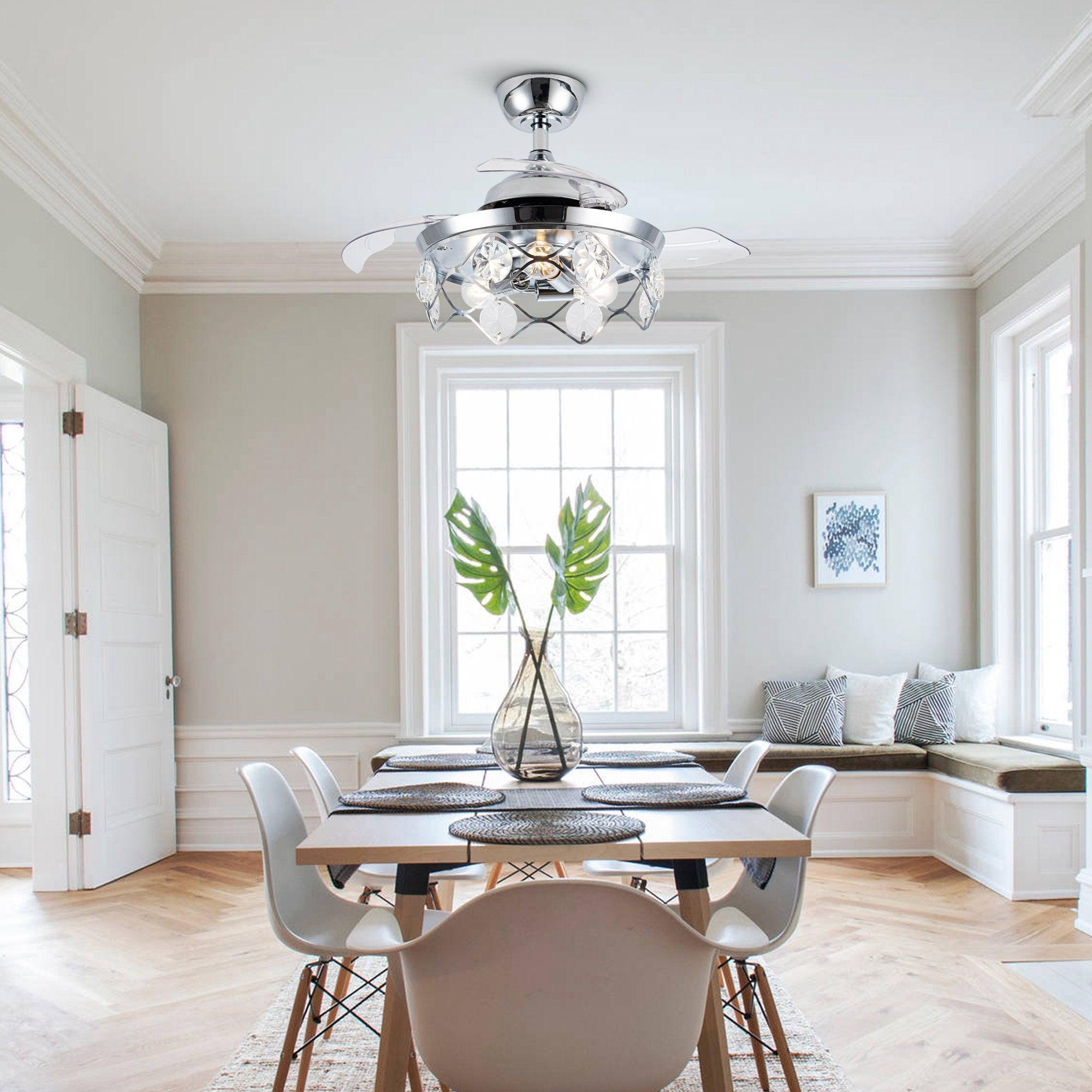 36" Broxburne Modern Chrome Downrod Mount Crystal Ceiling Fan with Lighting and Remote Control