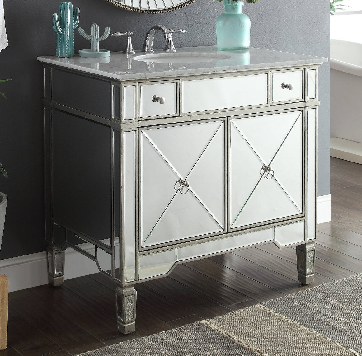 Chans Furniture YR-023RA-36 36" Carrara marble Mirror reflection Ashlyn Bathroom Sink Vanity