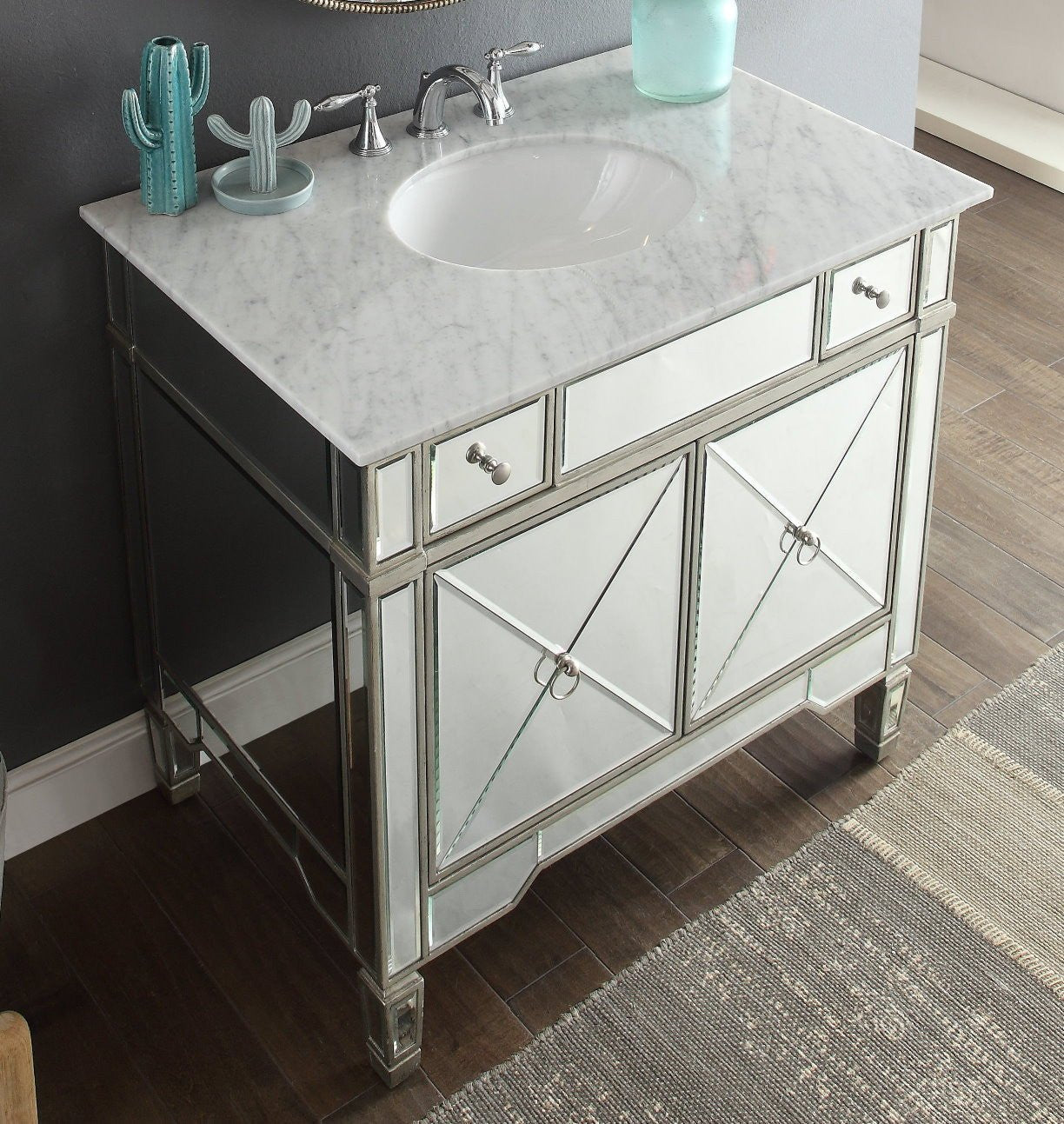 Chans Furniture YR-023RA-36 36" Carrara marble Mirror reflection Ashlyn Bathroom Sink Vanity