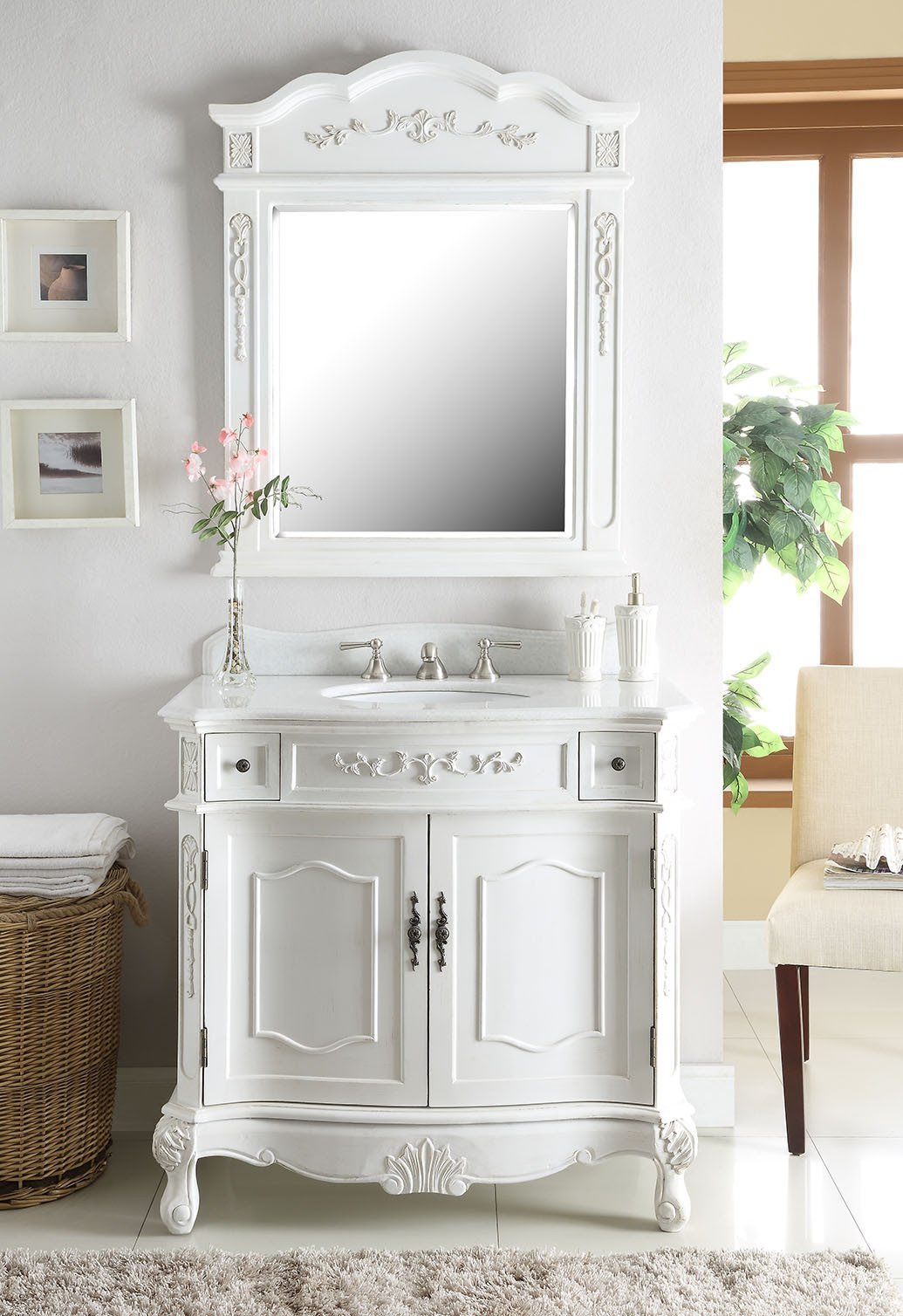 Chans Furniture BC-3905W-AW-36 36 Inch Classic Style Antique White Fairmont Bathroom Sink Vanity