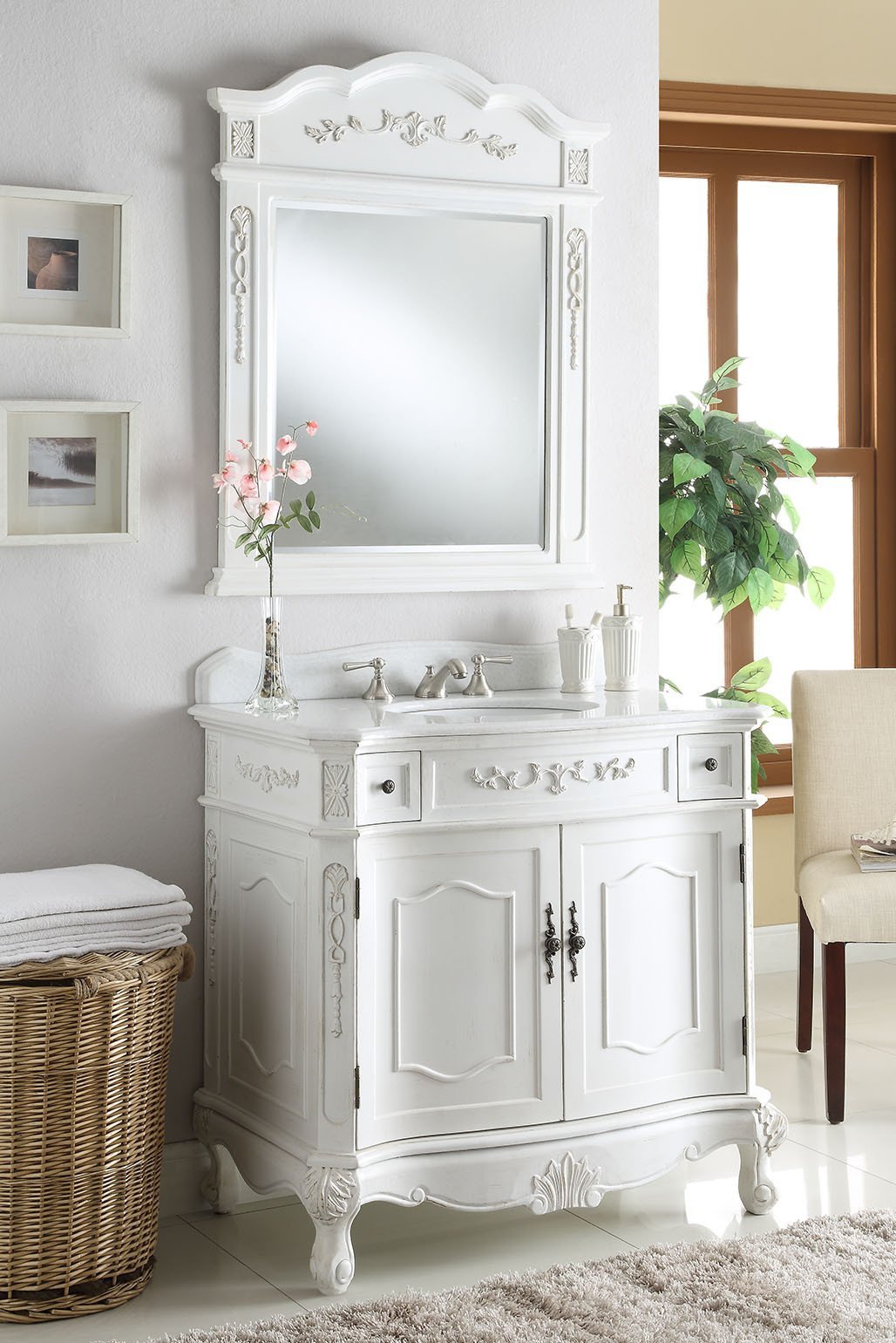 Chans Furniture BC-3905W-AW-36 36 Inch Classic Style Antique White Fairmont Bathroom Sink Vanity