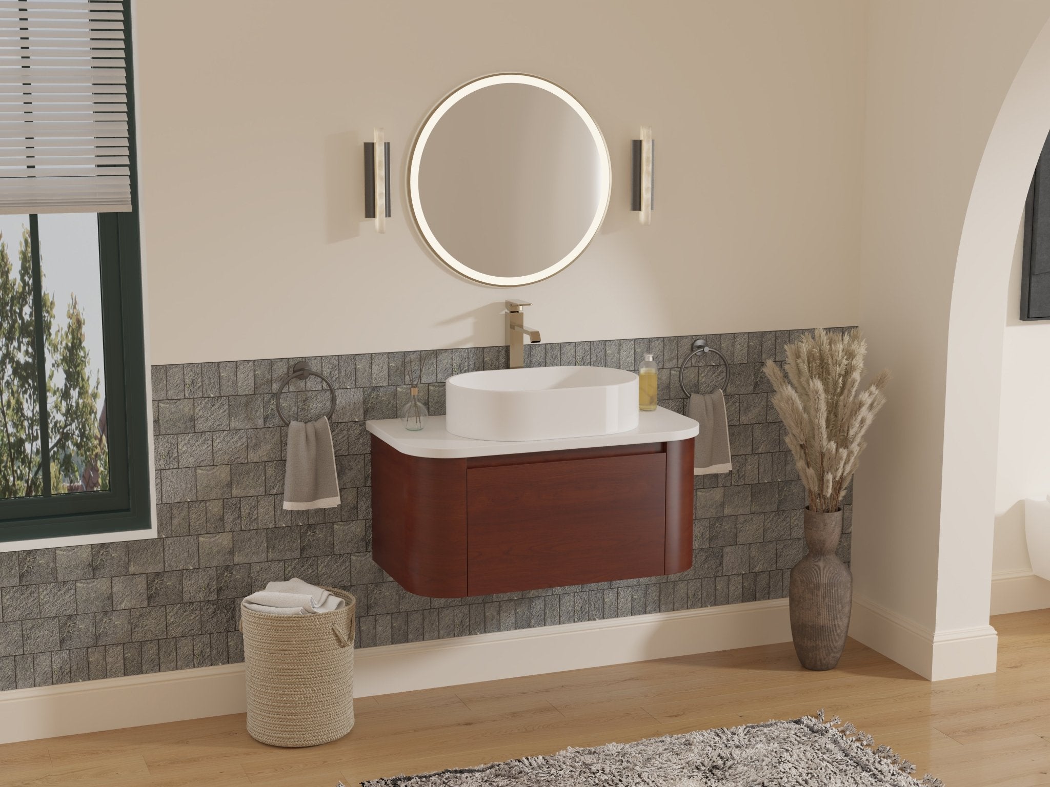 Chans Furniture GD-33635WD 36 inch Cherry Brown Wall Mount Vessel Sink Style Velo Bathroom Sink Vanity