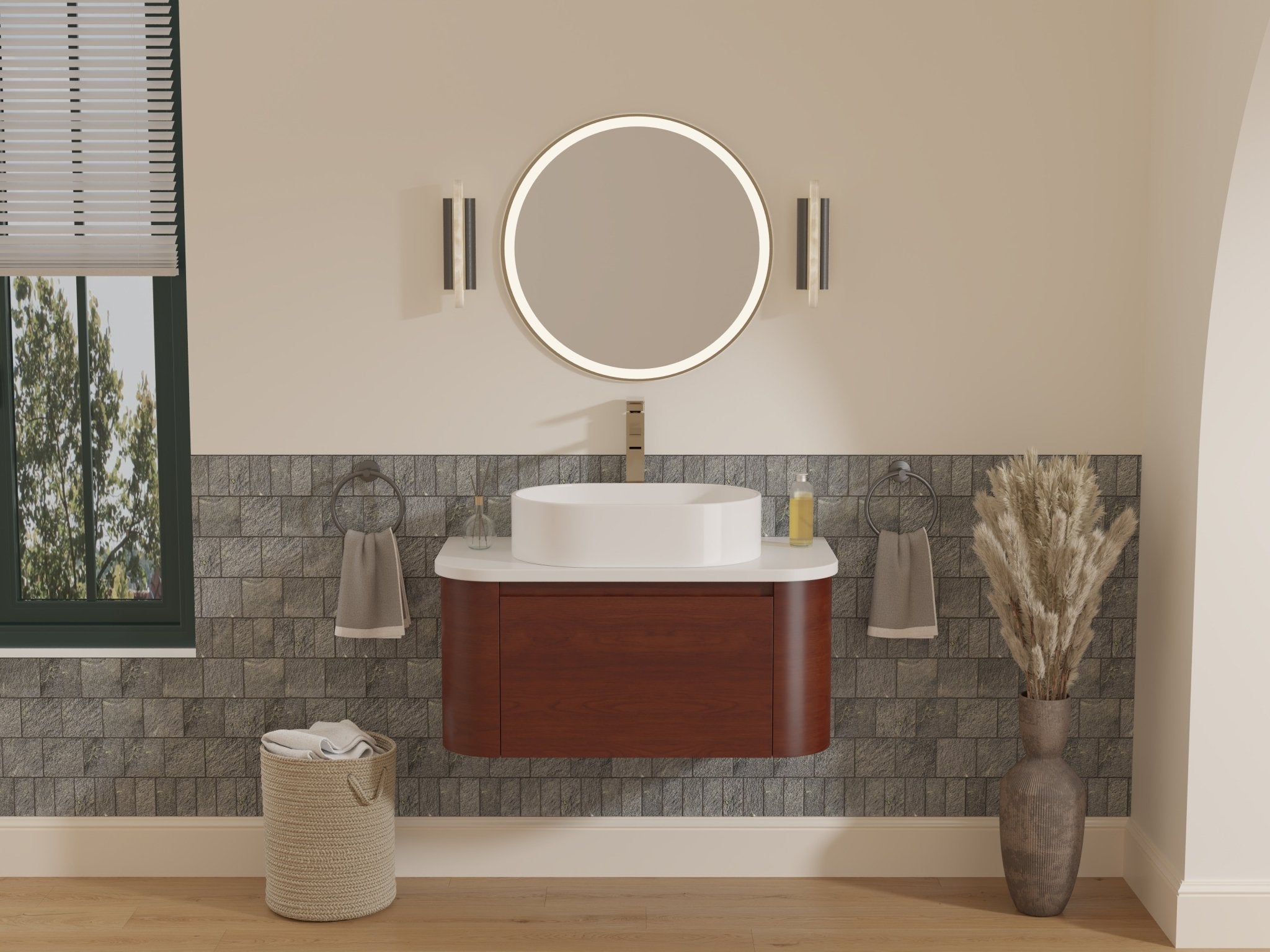 Chans Furniture GD-33635WD 36 inch Cherry Brown Wall Mount Vessel Sink Style Velo Bathroom Sink Vanity