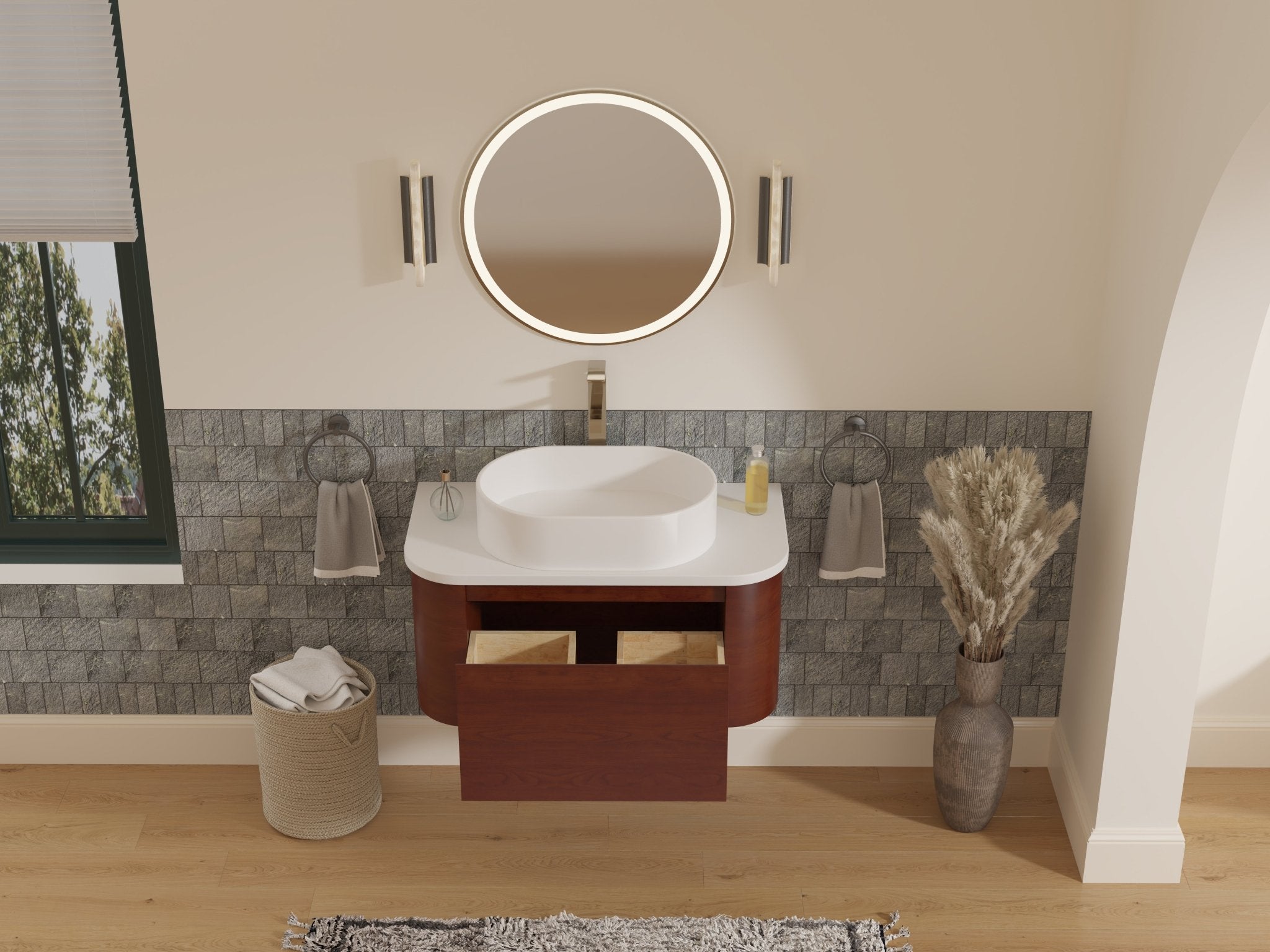 Chans Furniture GD-33635WD 36 inch Cherry Brown Wall Mount Vessel Sink Style Velo Bathroom Sink Vanity