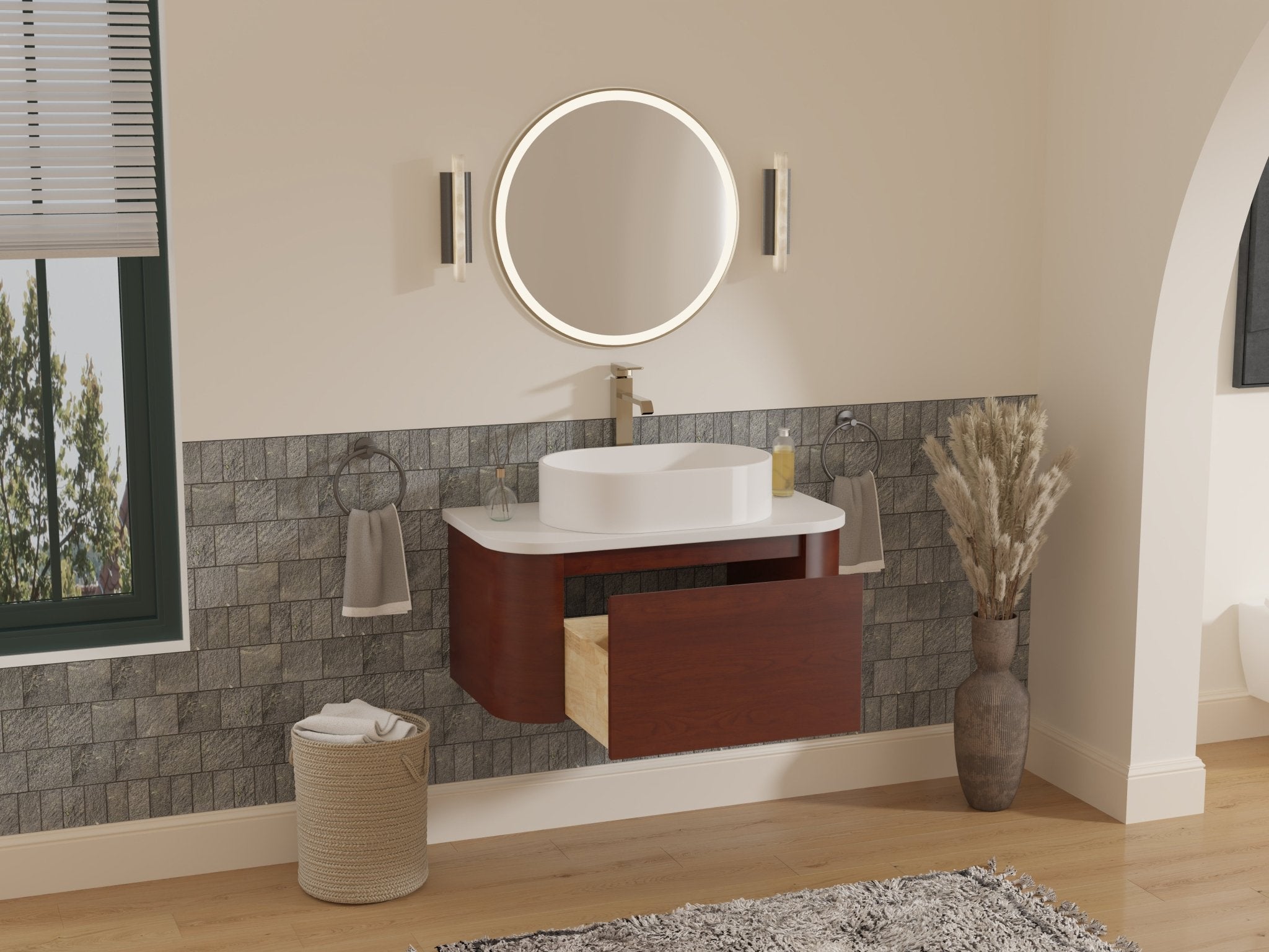 Chans Furniture GD-33635WD 36 inch Cherry Brown Wall Mount Vessel Sink Style Velo Bathroom Sink Vanity