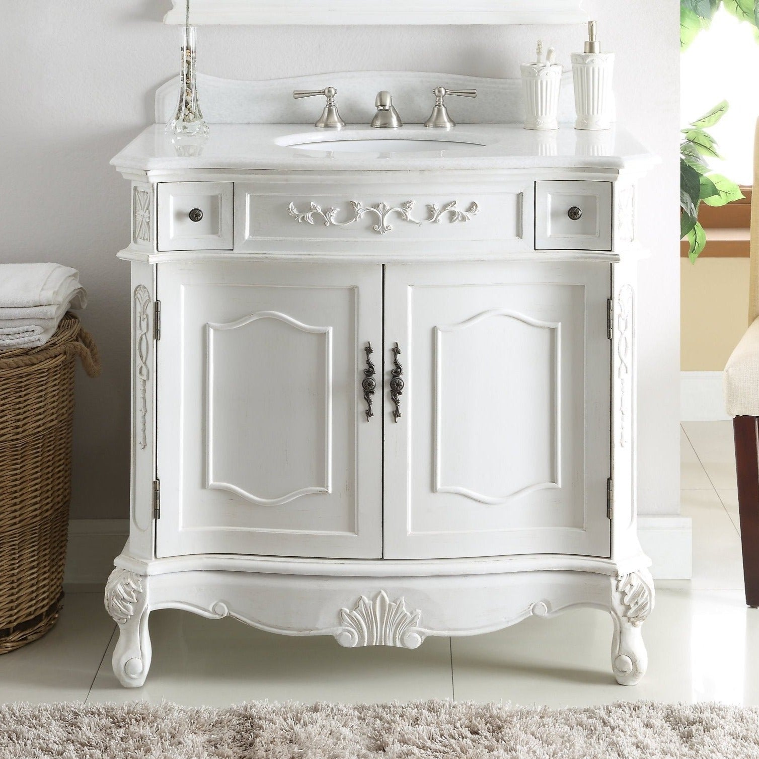 Chans Furniture BC-3905W-AW-36 36 Inch Classic Style Antique White Fairmont Bathroom Sink Vanity