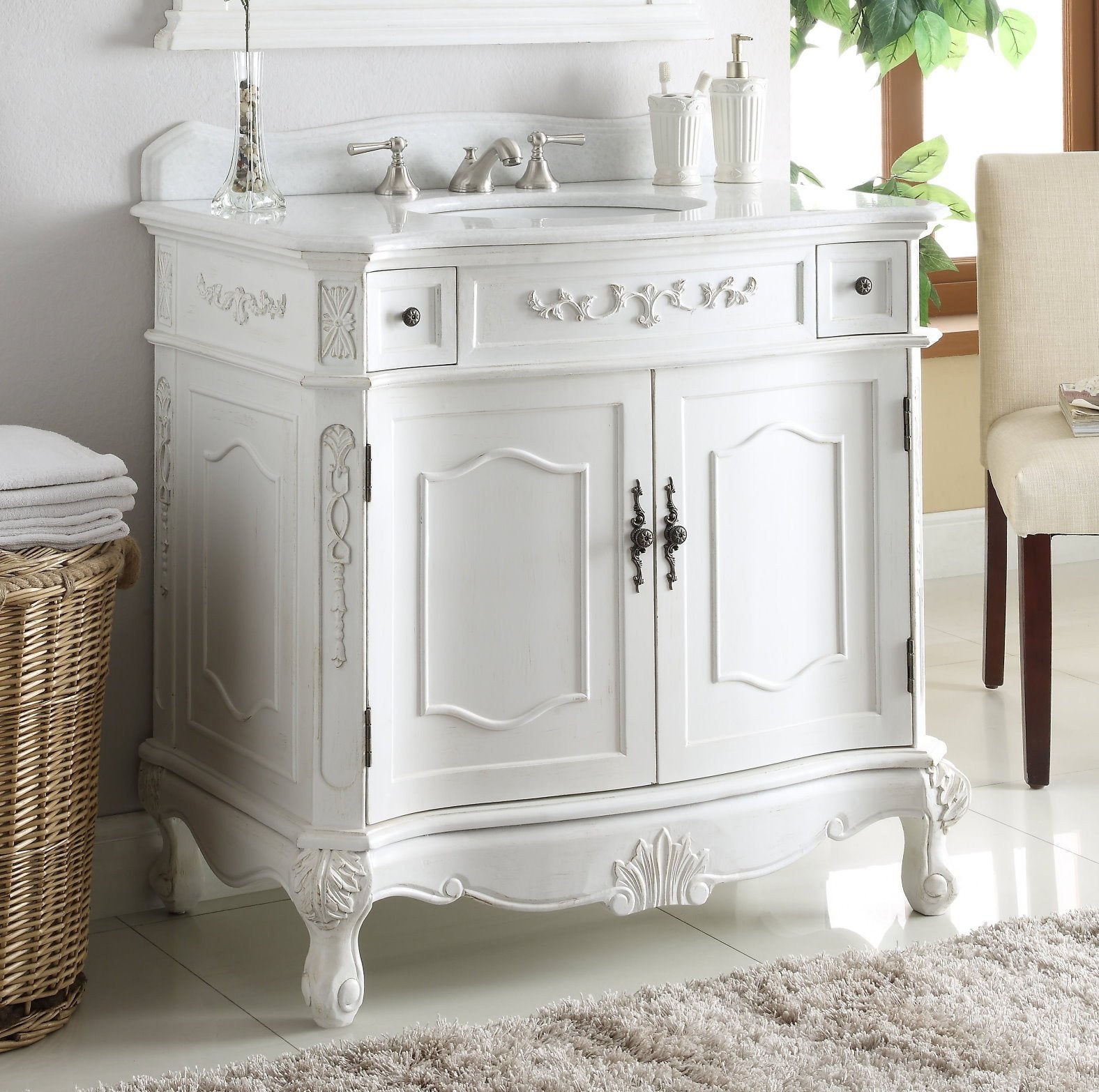 Chans Furniture BC-3905W-AW-36 36 Inch Classic Style Antique White Fairmont Bathroom Sink Vanity