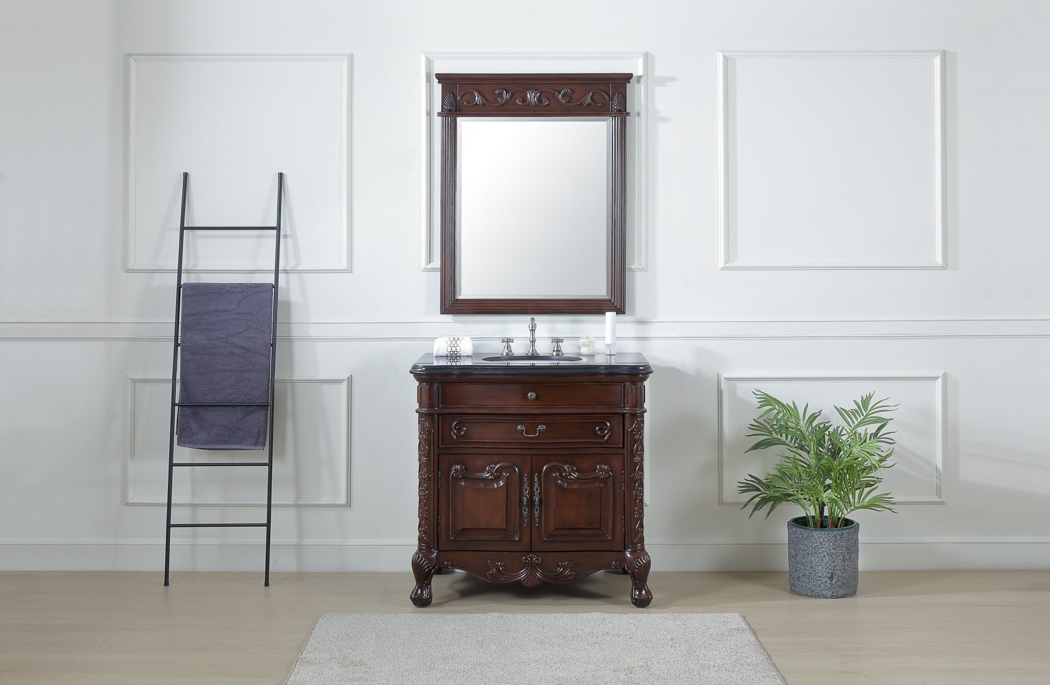 Chans Furniture S01GT36 36 Inch Mahogany Wood Classic Style Madison Black Granite Countertop Bathroom Sink Vanity
