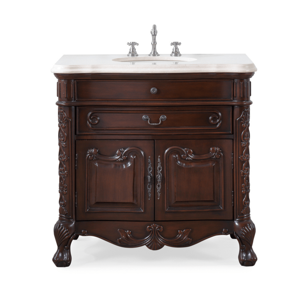 Chans Furniture S01M36 36 Inch Mahogany Wood Classic Style Madison Cream Marble Countertop Bathroom Sink Vanity