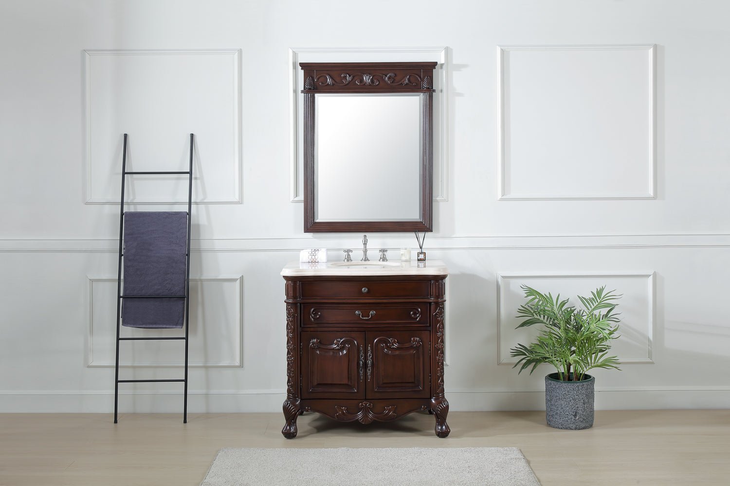 Chans Furniture S01M36 36 Inch Mahogany Wood Classic Style Madison Cream Marble Countertop Bathroom Sink Vanity