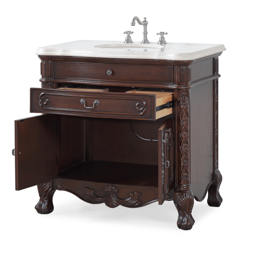 Chans Furniture S01M36 36 Inch Mahogany Wood Classic Style Madison Cream Marble Countertop Bathroom Sink Vanity
