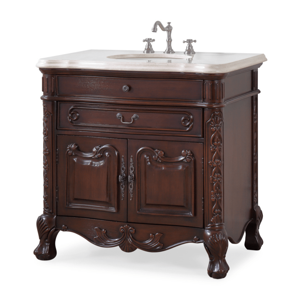 Chans Furniture S01M36 36 Inch Mahogany Wood Classic Style Madison Cream Marble Countertop Bathroom Sink Vanity