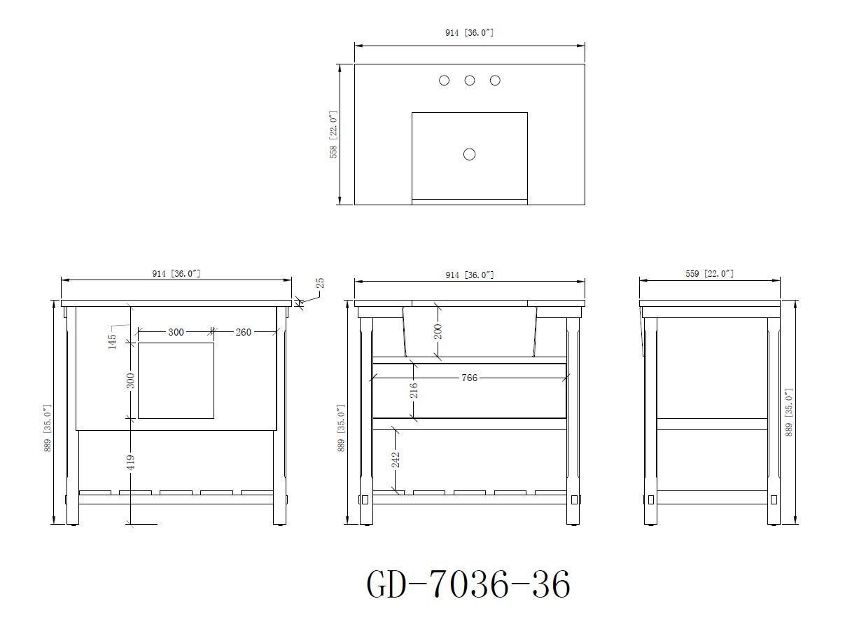 Chans Furniture 7036-WT36-GT 36 Inch Kendia White Farmhouse Sink Style Bathroom Vanity