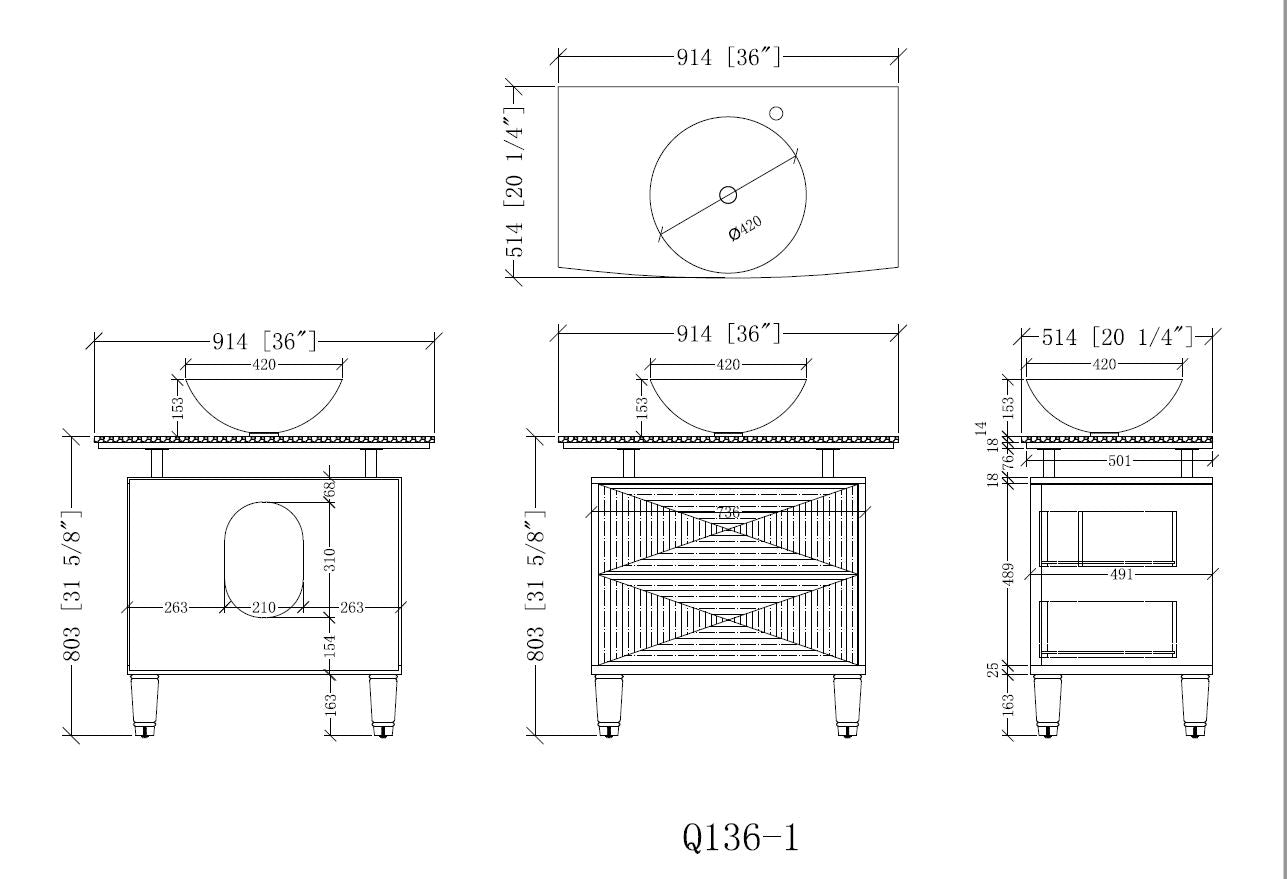 Chans Furniture Q136-1 36"  Onyx counter top Verdana Vessel Sink Bathroom Vanity
