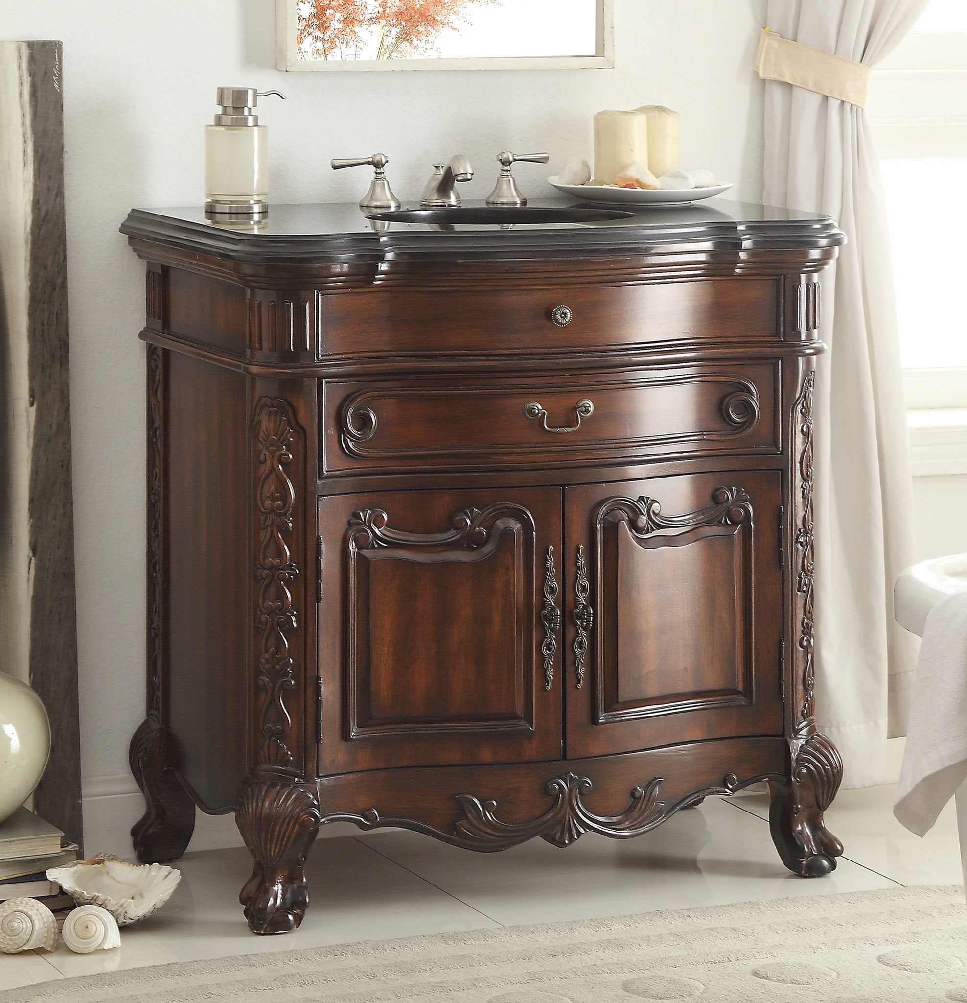 Chans Furniture S01GT36 36 Inch Mahogany Wood Classic Style Madison Black Granite Countertop Bathroom Sink Vanity