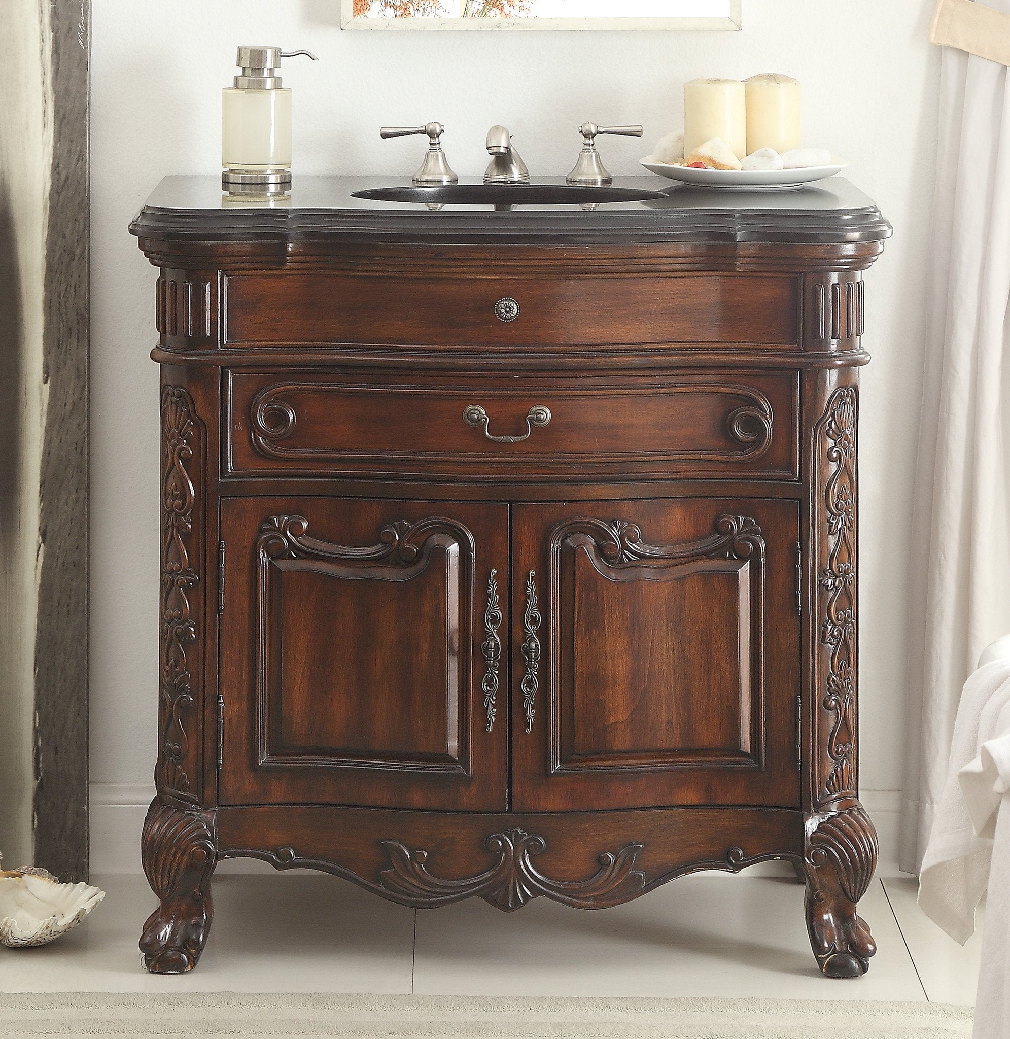 Chans Furniture S01GT36 36 Inch Mahogany Wood Classic Style Madison Black Granite Countertop Bathroom Sink Vanity