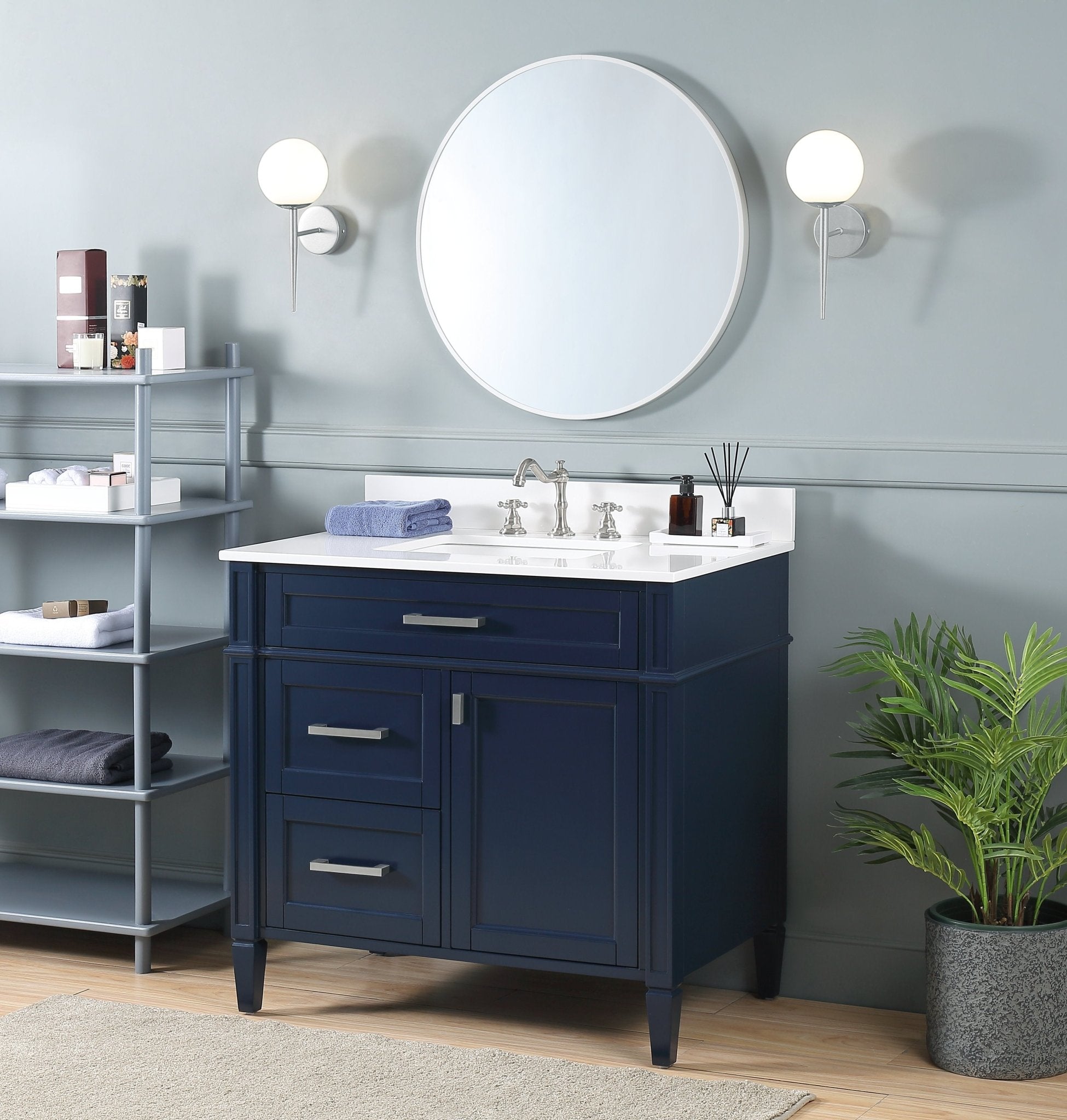 Chans Furniture QT-1808-V36NB 36 Inch Durand Modern Navy Blue Bathroom Sink Vanity with Stone Counter Top