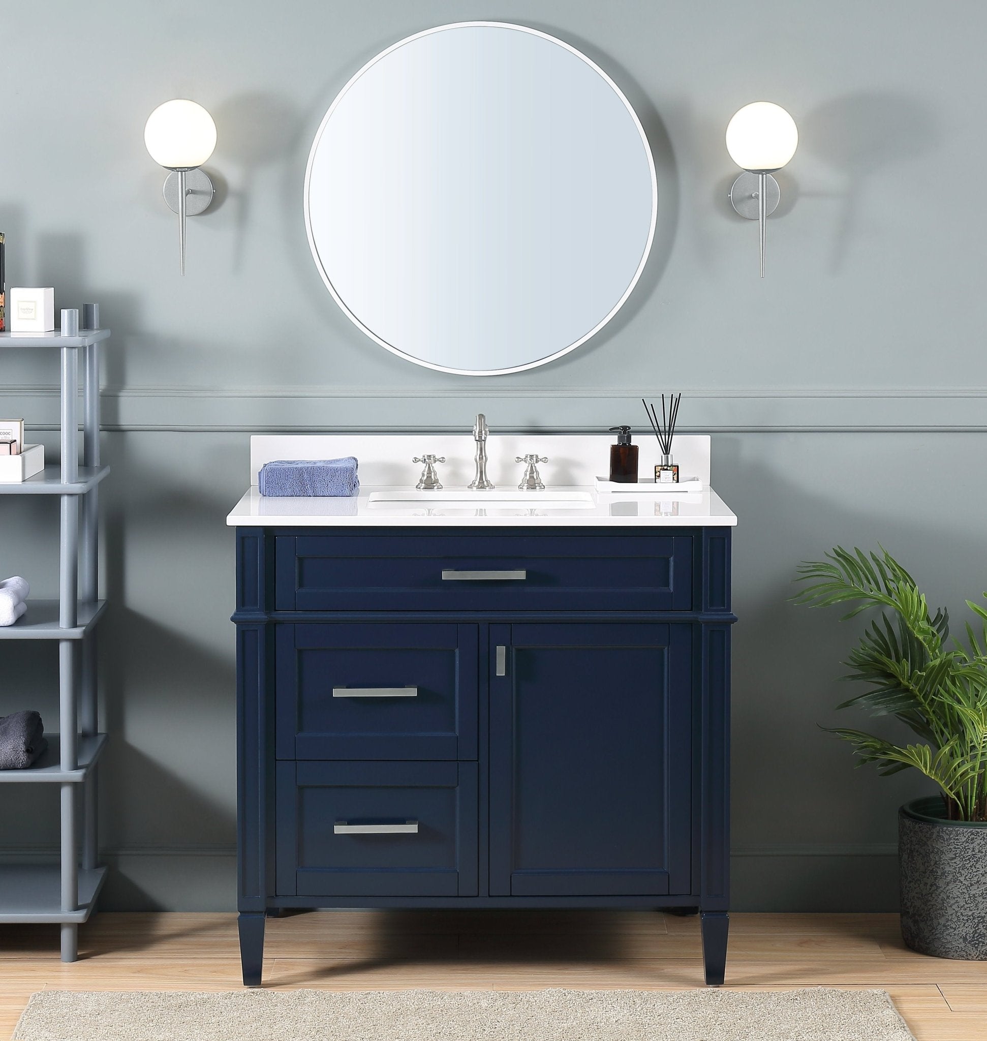 Chans Furniture QT-1808-V36NB 36 Inch Durand Modern Navy Blue Bathroom Sink Vanity with Stone Counter Top