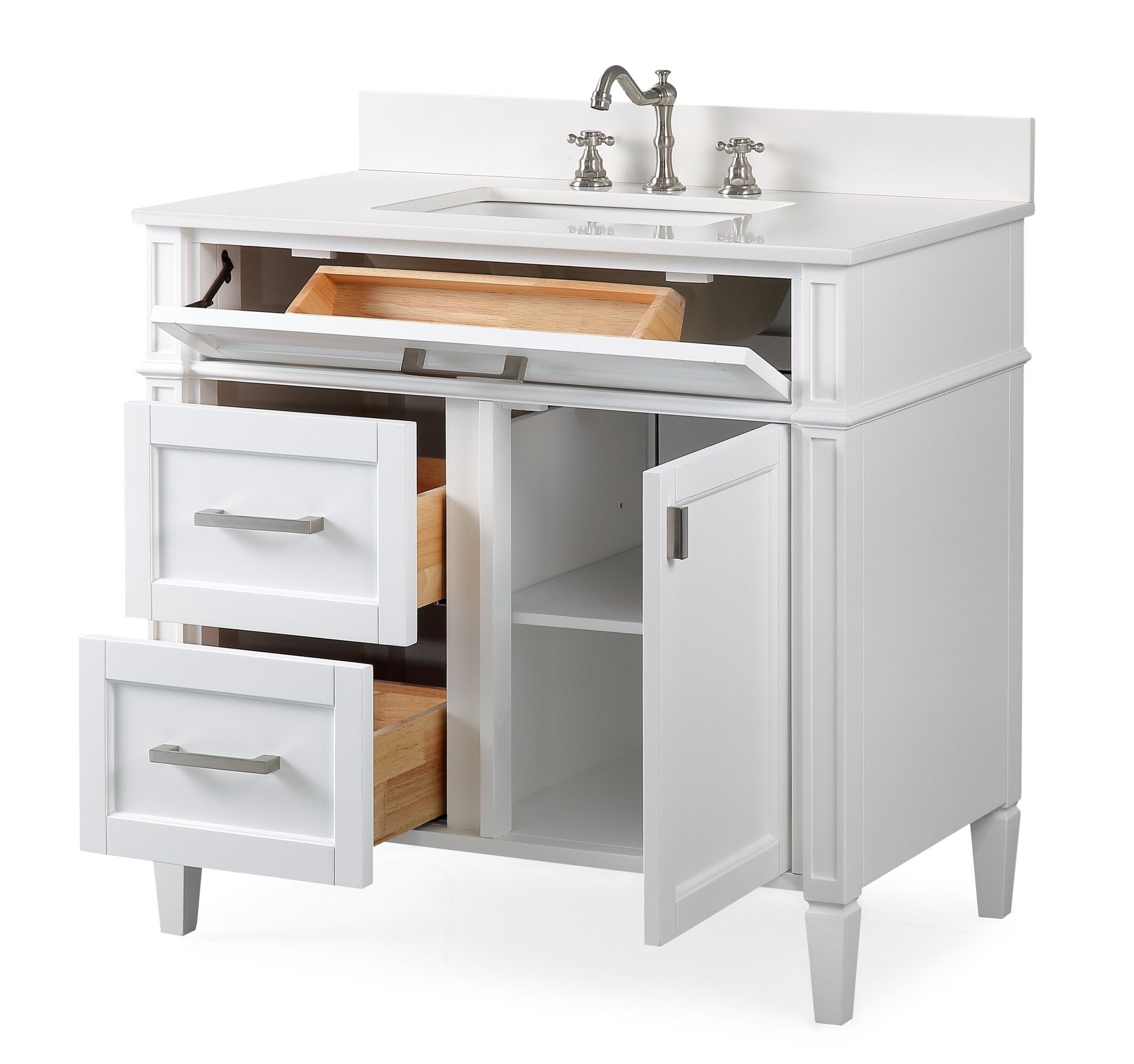 Chans Furniture QT-1808-V36W 36 Inch Durand Modern White Bathroom Sink Vanity with Stone Counter Top