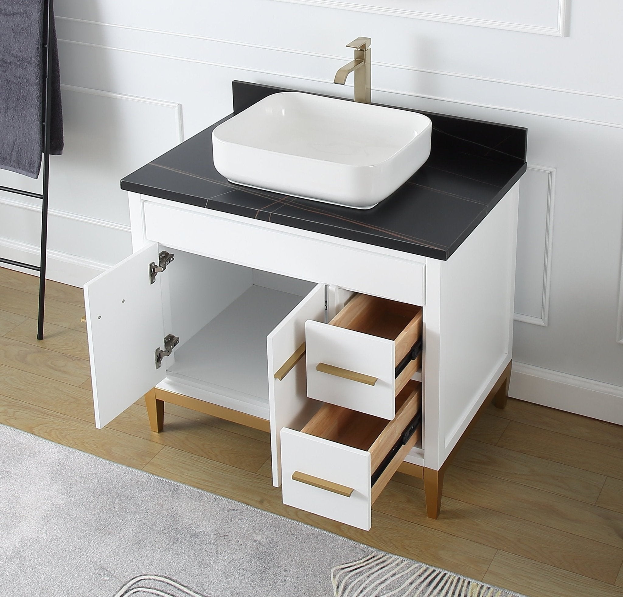 Chans Furniture TB-9936WT-36BK 36"  Tennant Brand Modern Style White Beatrice Vessel Sink Bathroom Vanity