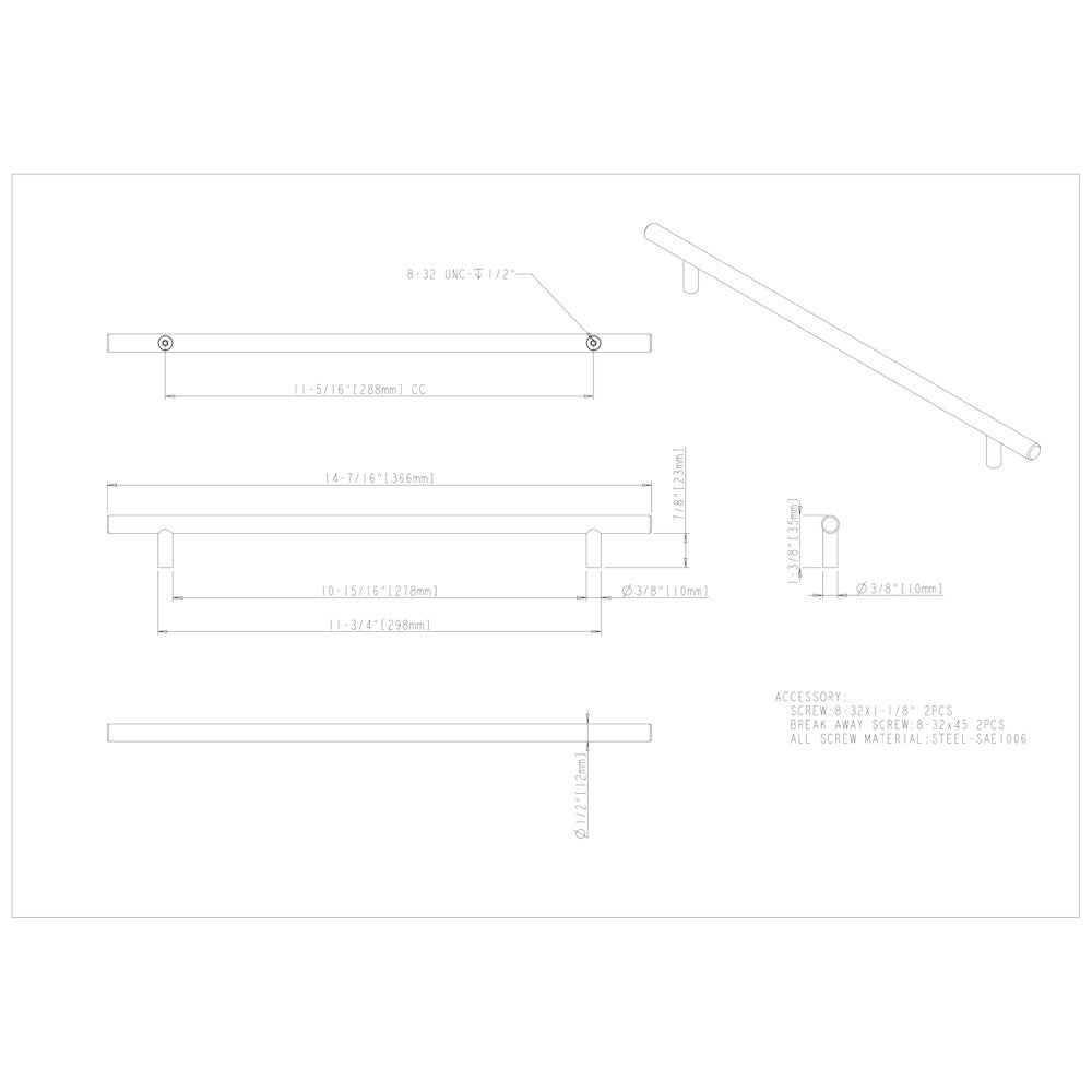 Hardware Resources 96 mm Center-to-Center Hollow Matte Black Stainless Steel Naples Cabinet Bar Pull