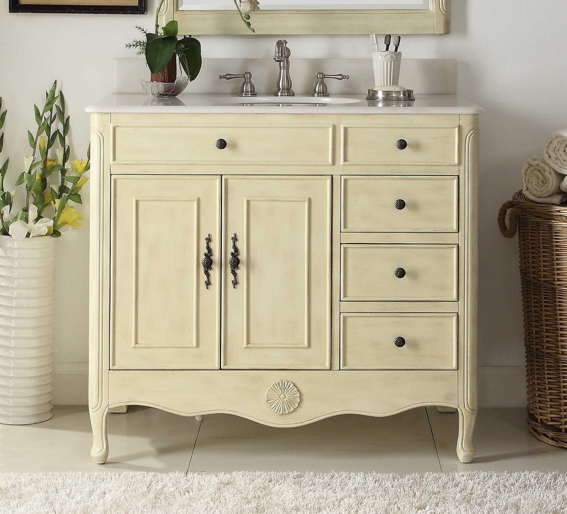 Chans Furniture HF-837WP 38 Inch Distressed Cream Cottage Style Daleville Bathroom Sink Vanity