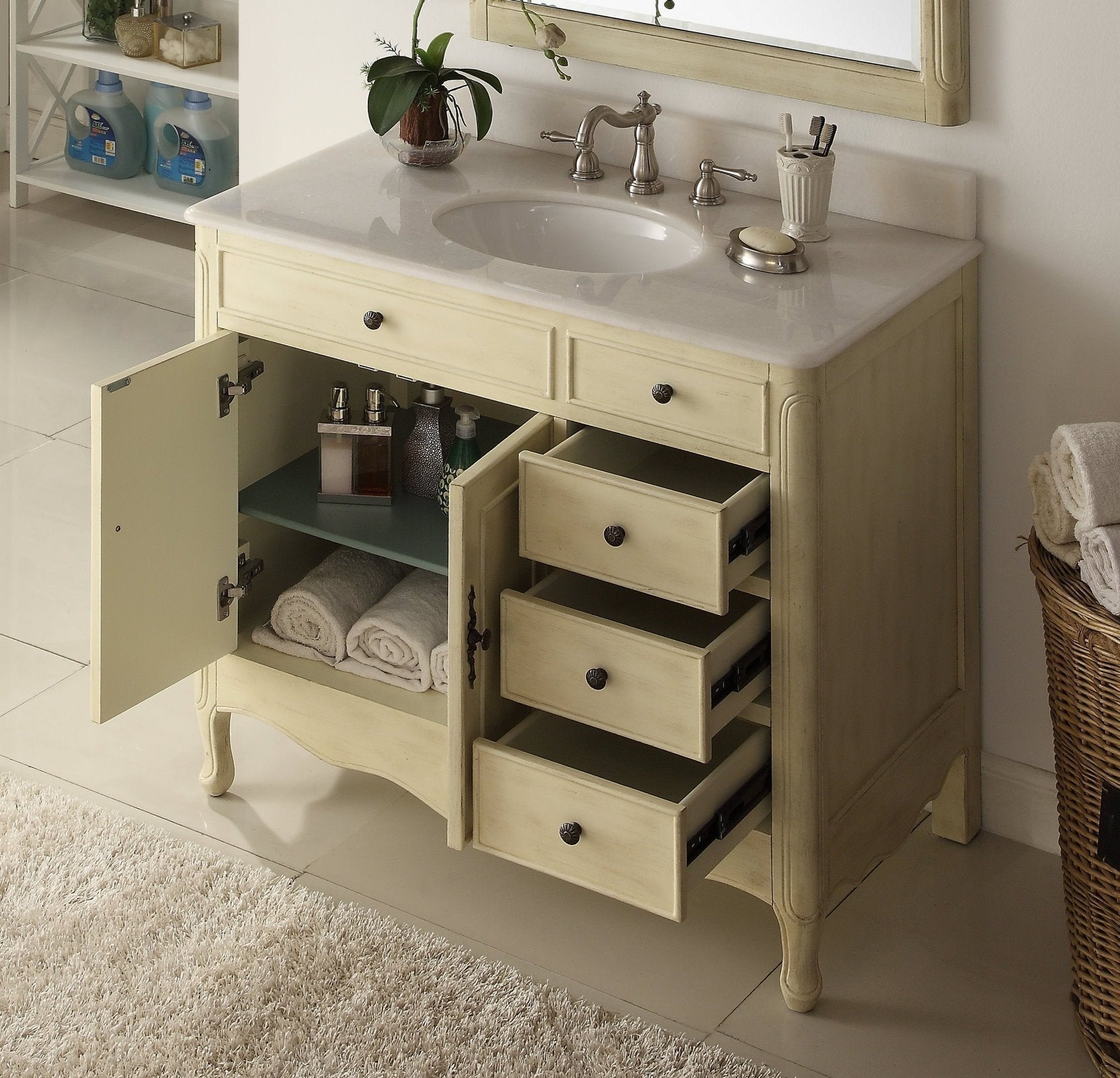 Chans Furniture HF-837WP 38 Inch Distressed Cream Cottage Style Daleville Bathroom Sink Vanity