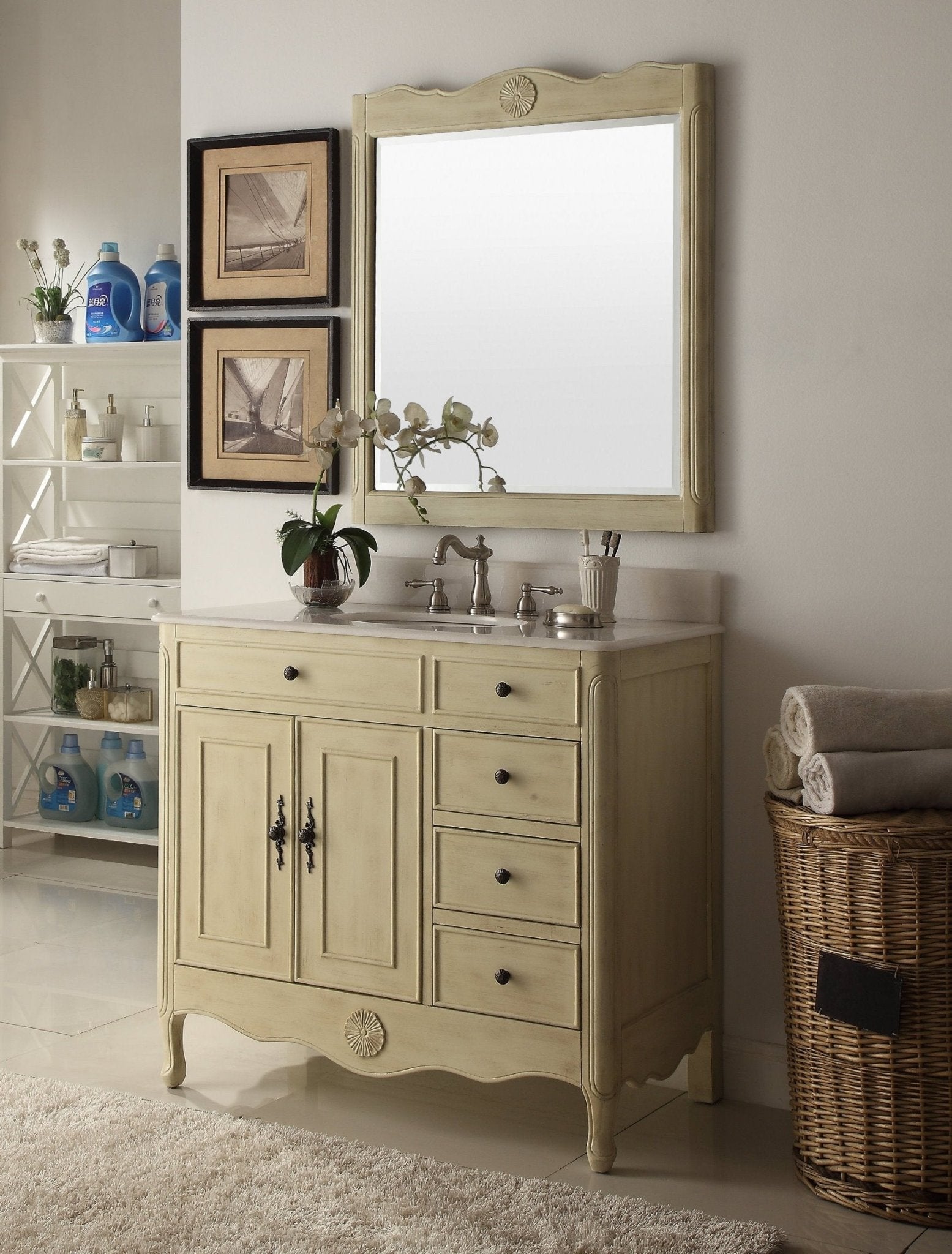 Chans Furniture HF-837WP 38 Inch Distressed Cream Cottage Style Daleville Bathroom Sink Vanity