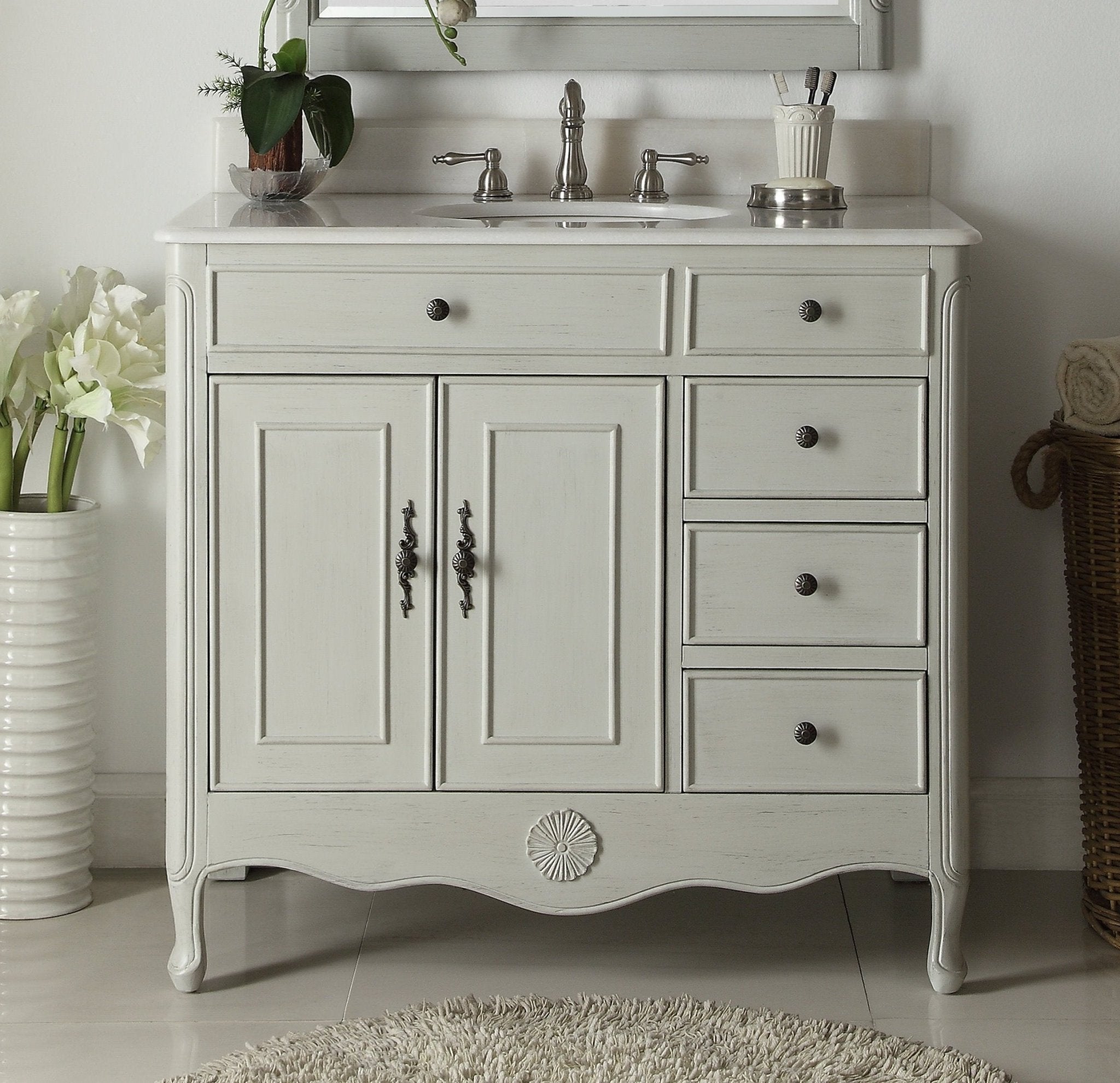 Chans Furniture HF-837CK 38 Inch Distressed Gray Cottage Style Daleville Bathroom Sink Vanity