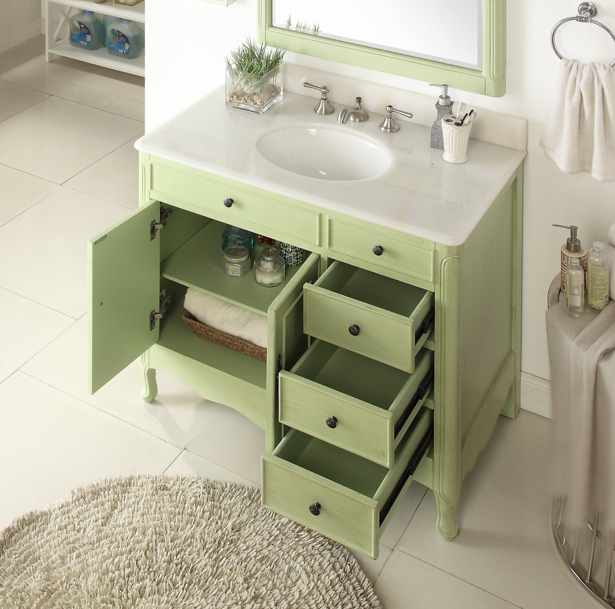 Chans Furniture HF-837G 38 Inch Distressed Green Cottage Style Daleville Bathroom Sink Vanity