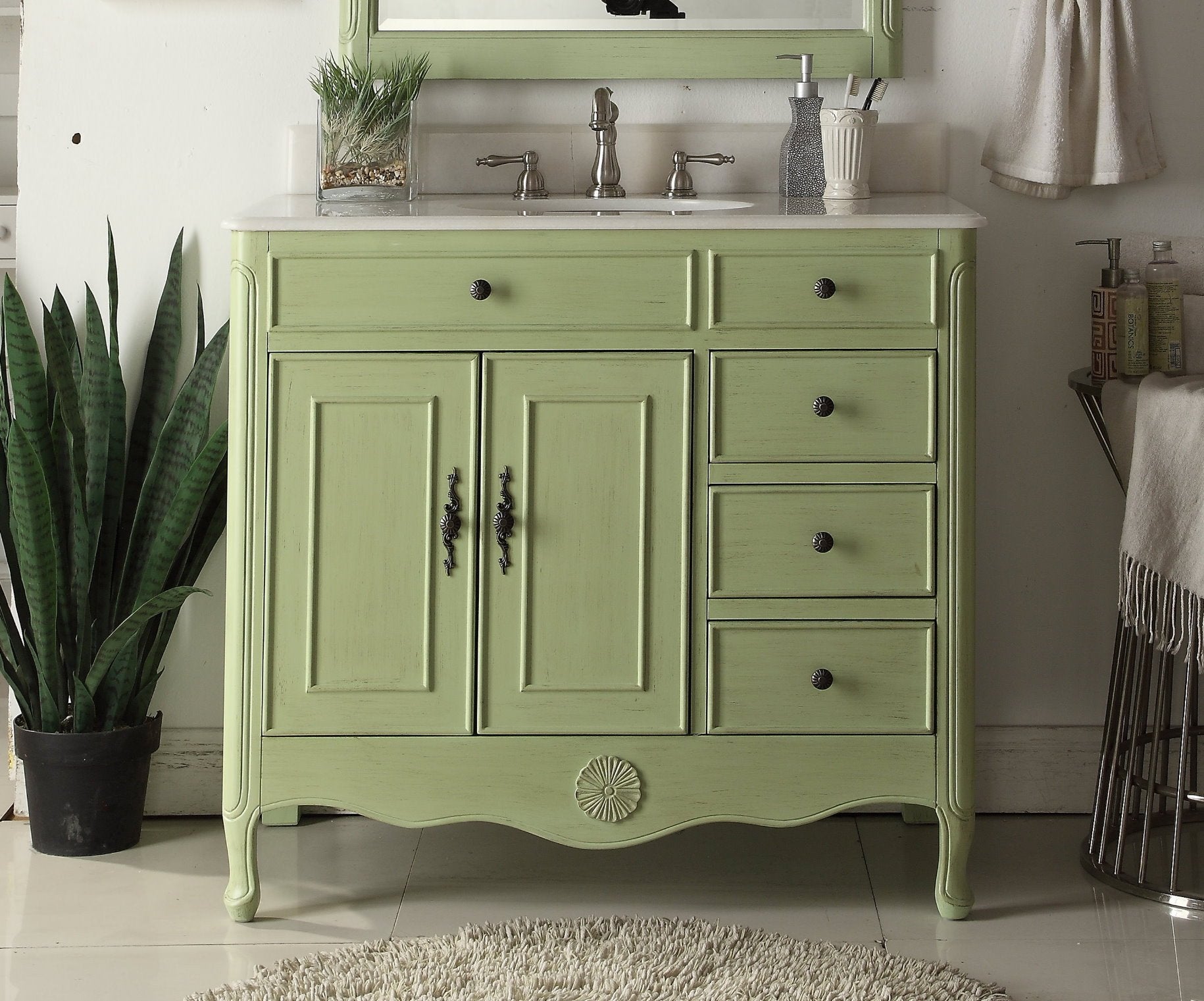 Chans Furniture HF-837G 38 Inch Distressed Green Cottage Style Daleville Bathroom Sink Vanity
