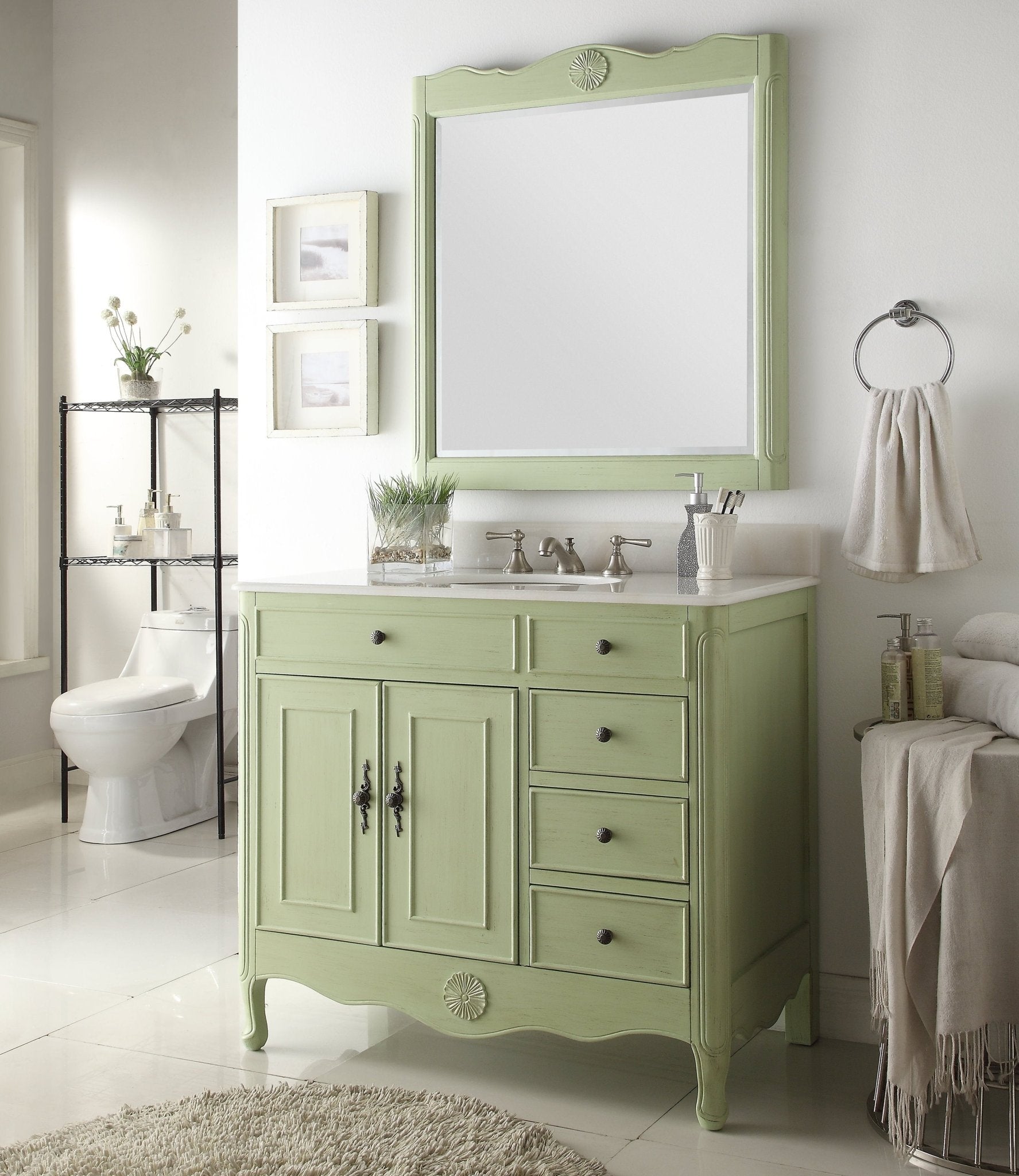 Chans Furniture HF-837G 38 Inch Distressed Green Cottage Style Daleville Bathroom Sink Vanity