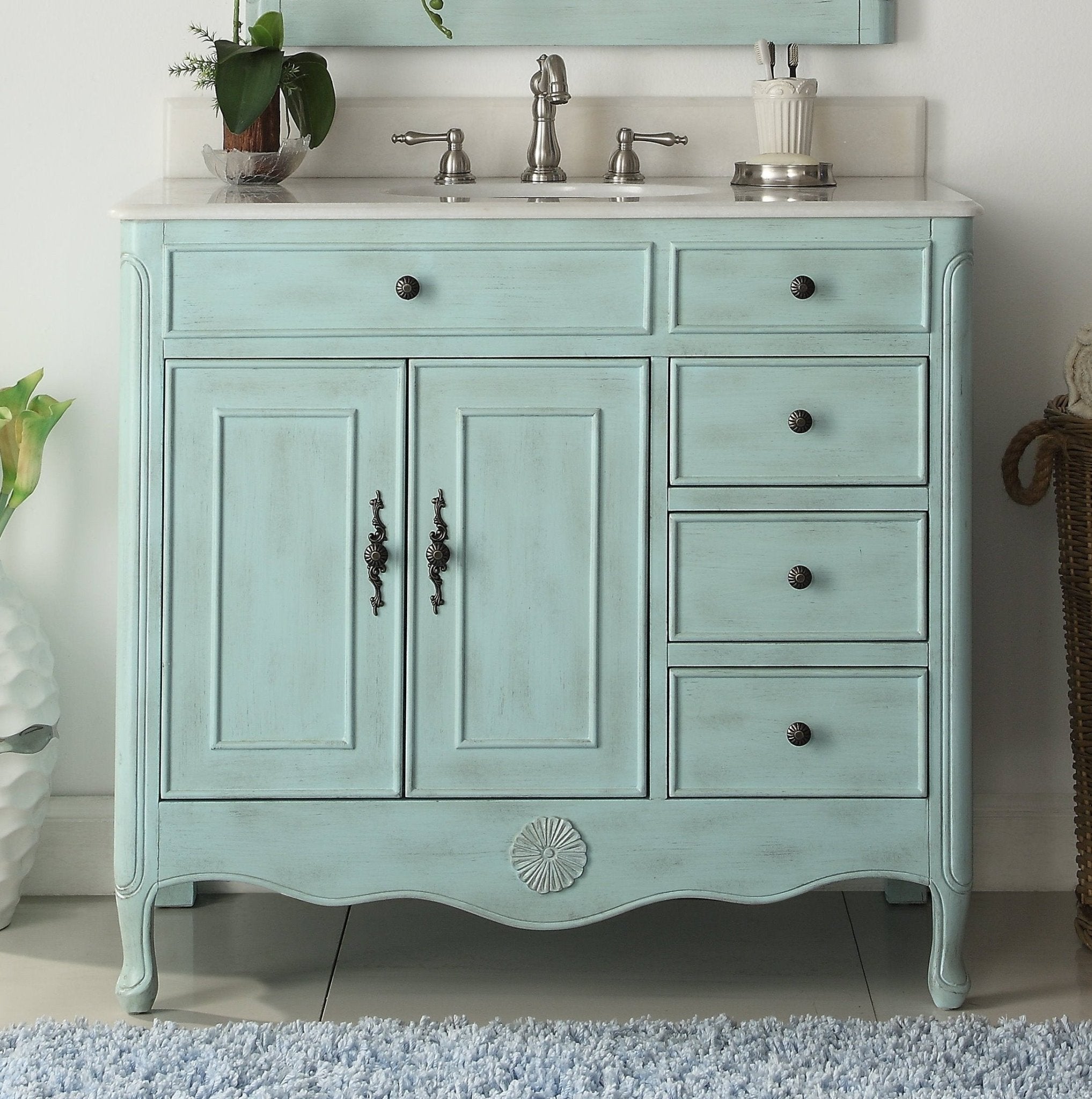 Chans Furniture HF-837LB 38 Inch Distressed Light Blue Cottage Style Daleville Bathroom Sink Vanity