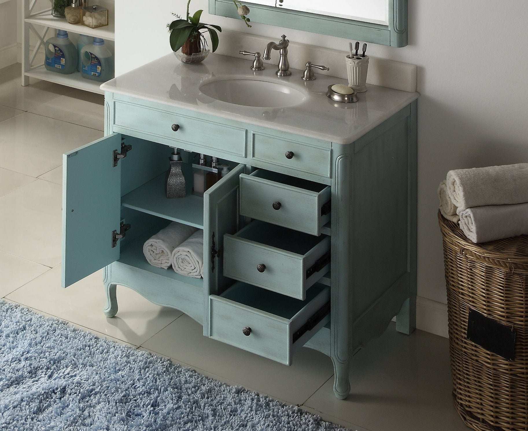 Chans Furniture HF-837LB 38 Inch Distressed Light Blue Cottage Style Daleville Bathroom Sink Vanity